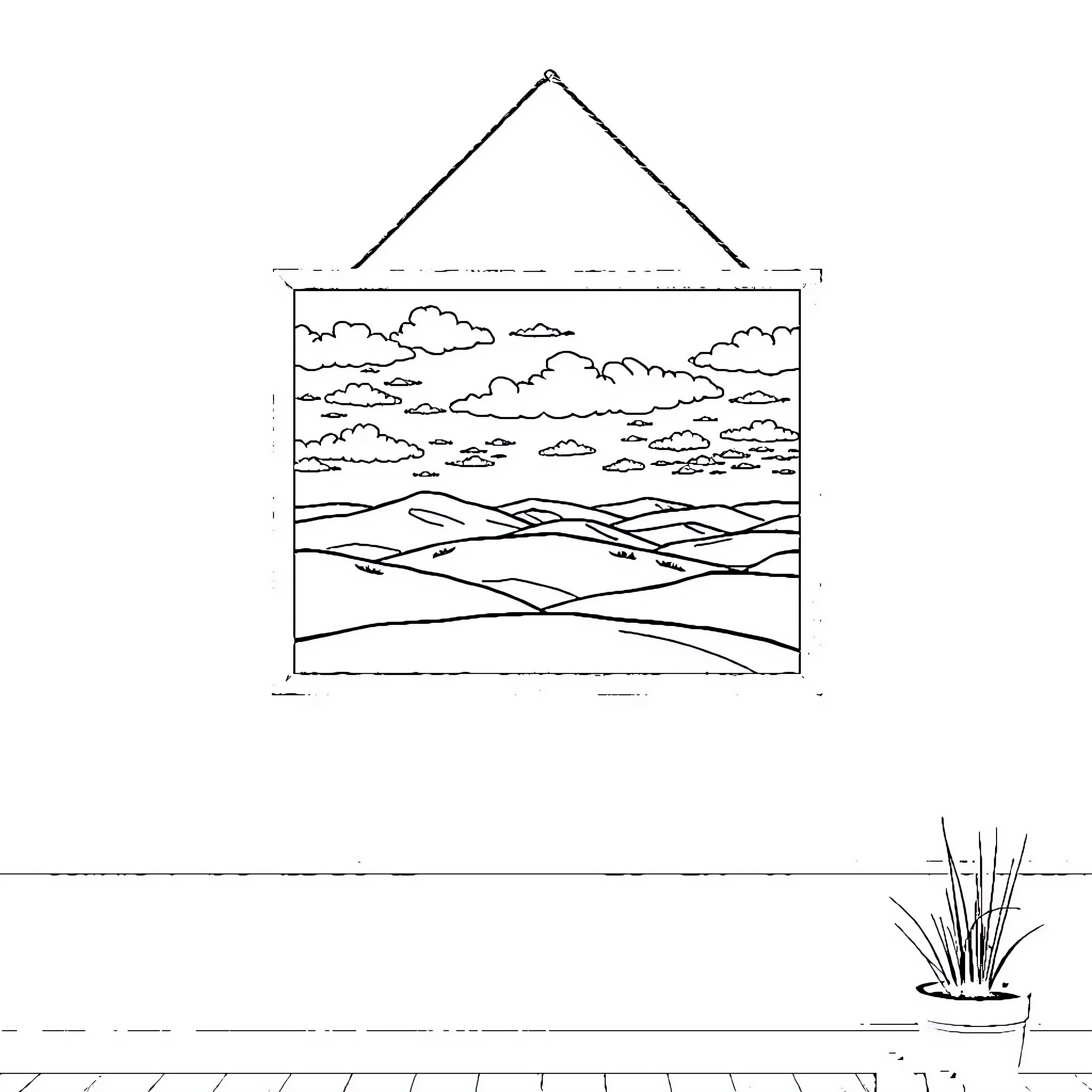 Classic Painting of Peaceful Countryside Landscape Coloring Page (free black-and-white line drawing printable PDF for all, from beginners to advanced learners, including children, teens, adults, and seniors)