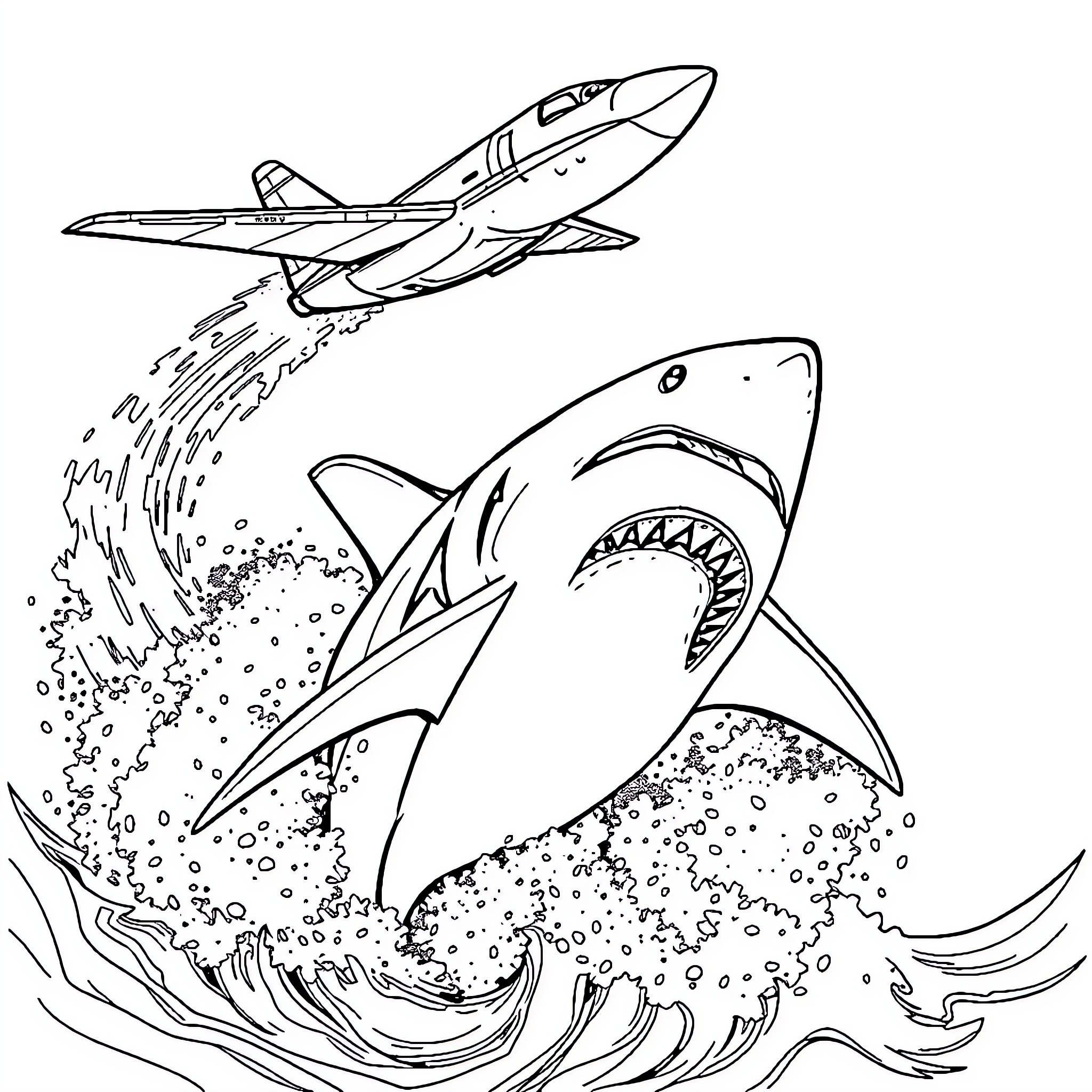 Shark chasing a jet in the ocean Coloring Page (free black-and-white line drawing printable PDF for all, from beginners to advanced learners, including children, teens, adults, and seniors)