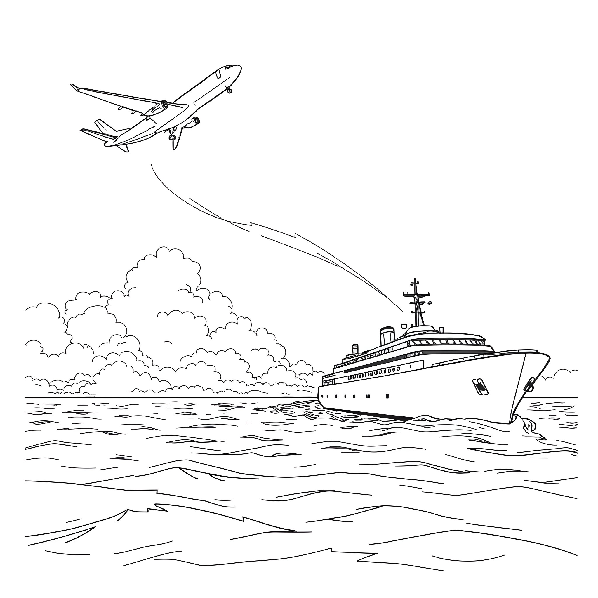 Plane flying over ship on the ocean Coloring Page (free black-and-white line drawing printable PDF for all, from beginners to advanced learners, including children, teens, adults, and seniors)
