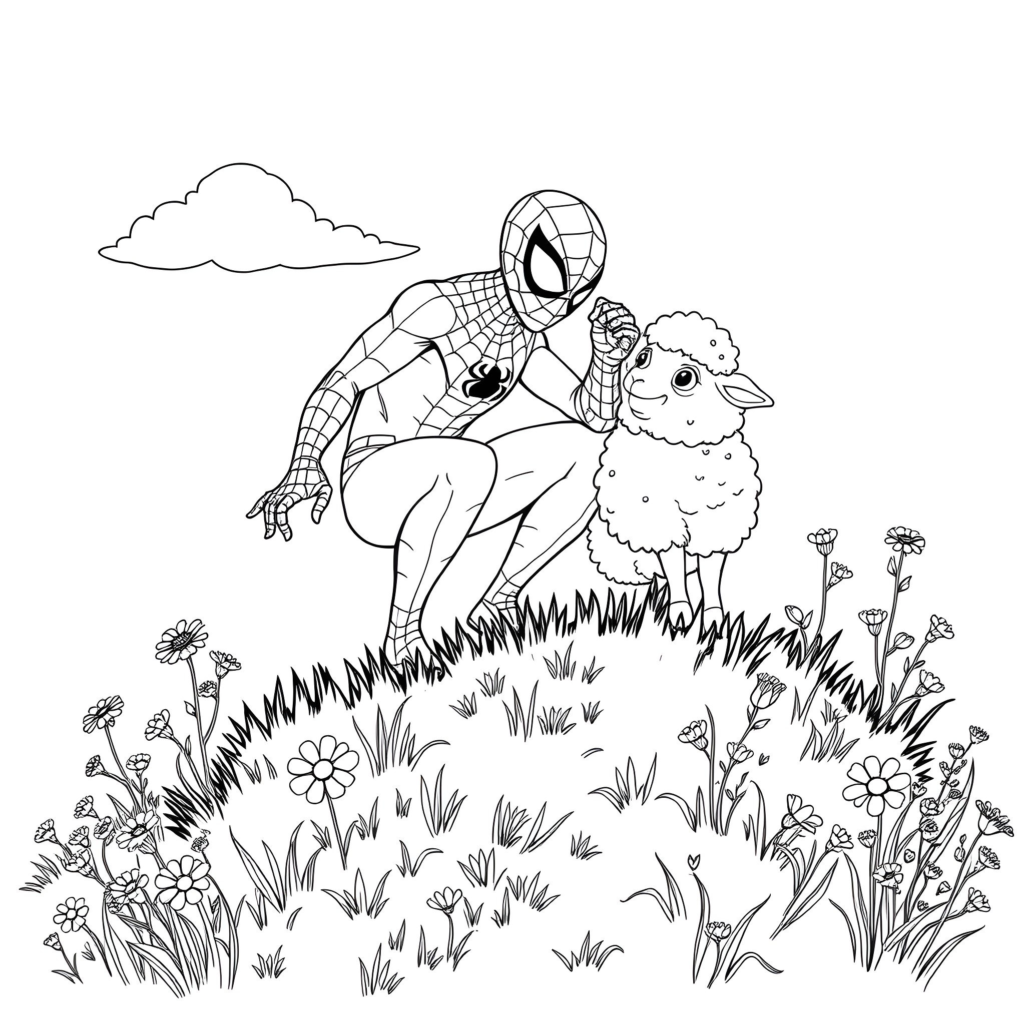 Spider-Man helping a sheep in a flowery meadow Coloring Page (free black-and-white line drawing printable PDF for all, from beginners to advanced learners, including children, teens, adults, and seniors)