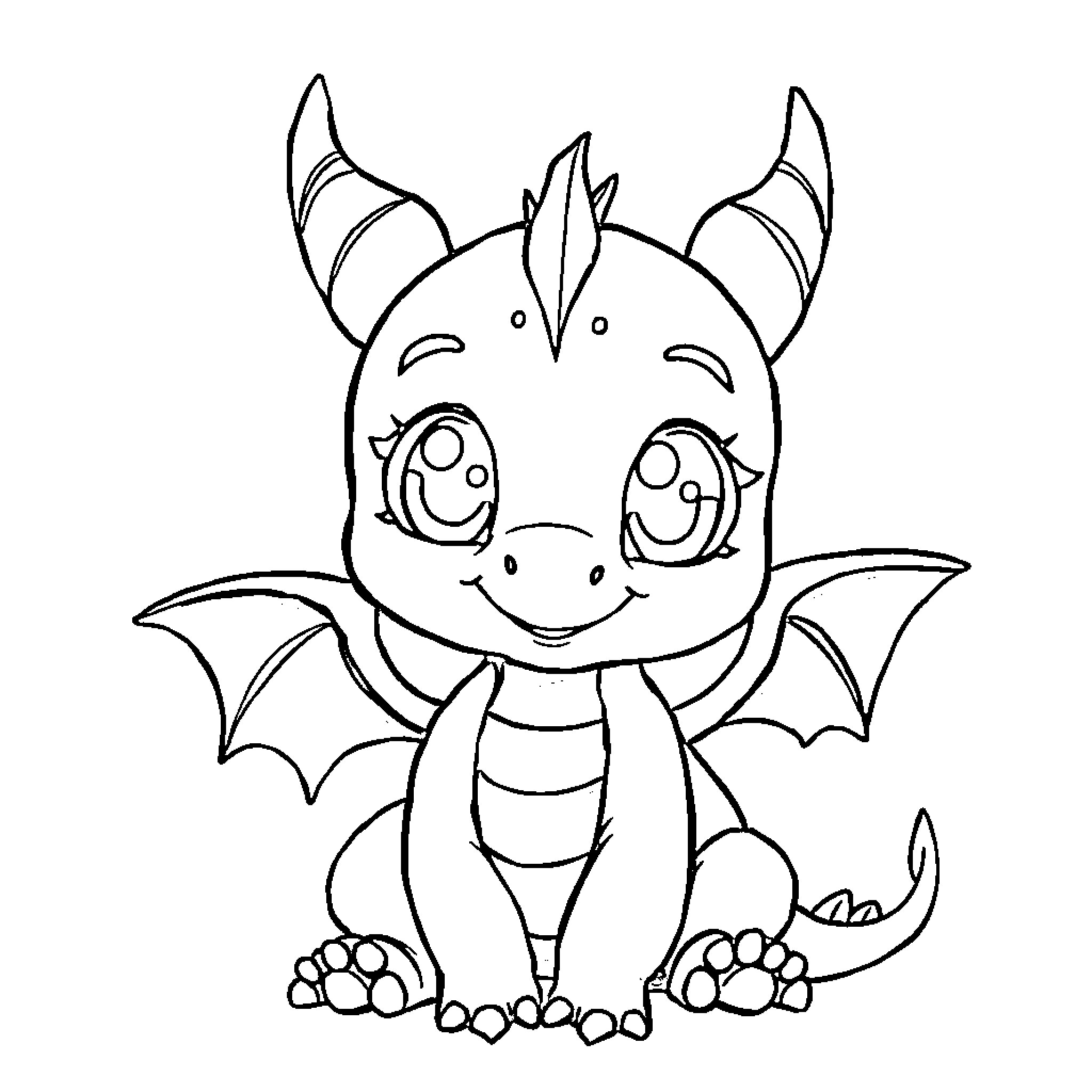 Chimuelo the Cute Baby Dragon Coloring Page (free black-and-white line drawing printable PDF for all, from beginners to advanced learners, including children, teens, adults, and seniors)