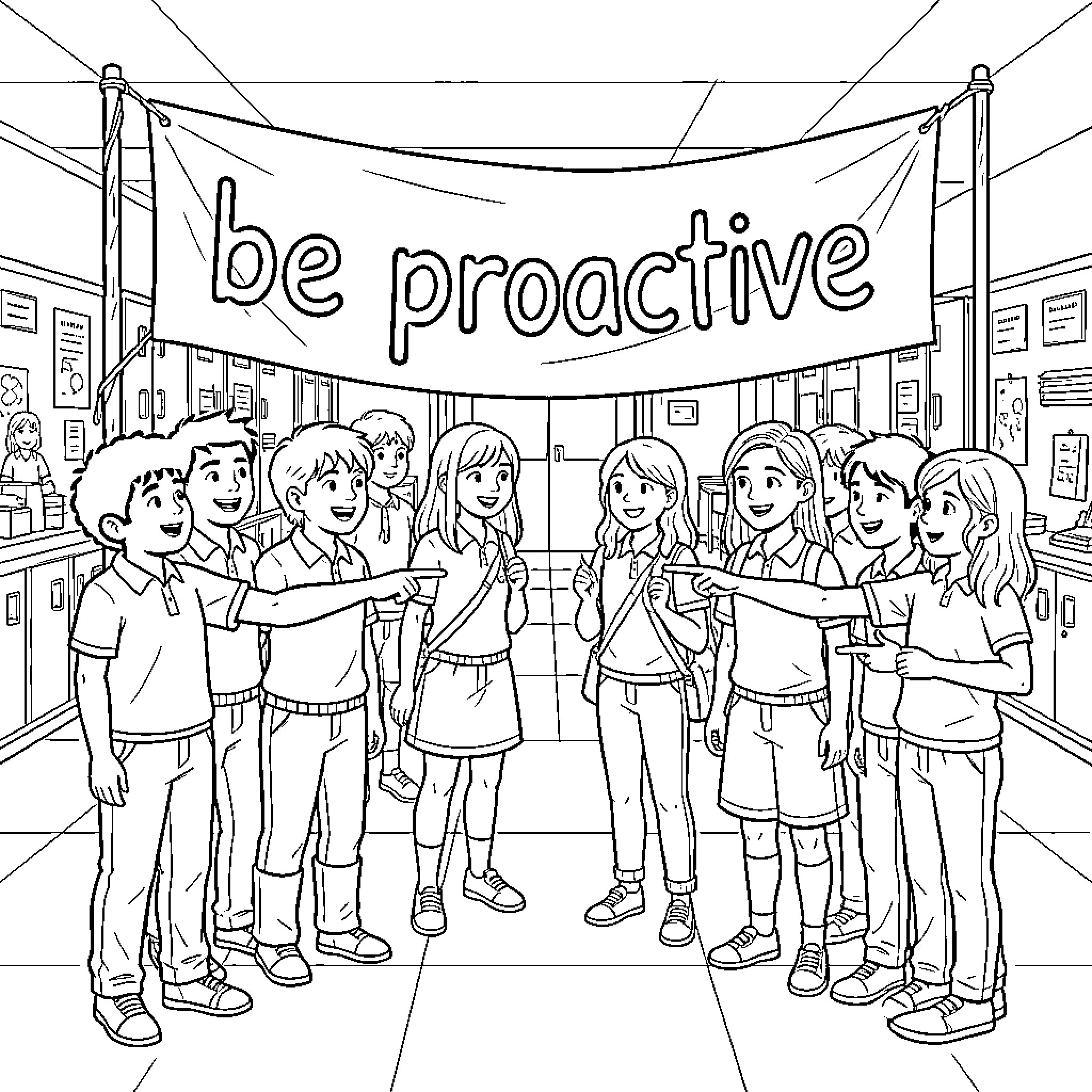 Students pointing toward a motivational banner in a classroom Coloring Page (free black-and-white line drawing printable PDF for all, from beginners to advanced learners, including children, teens, adults, and seniors)