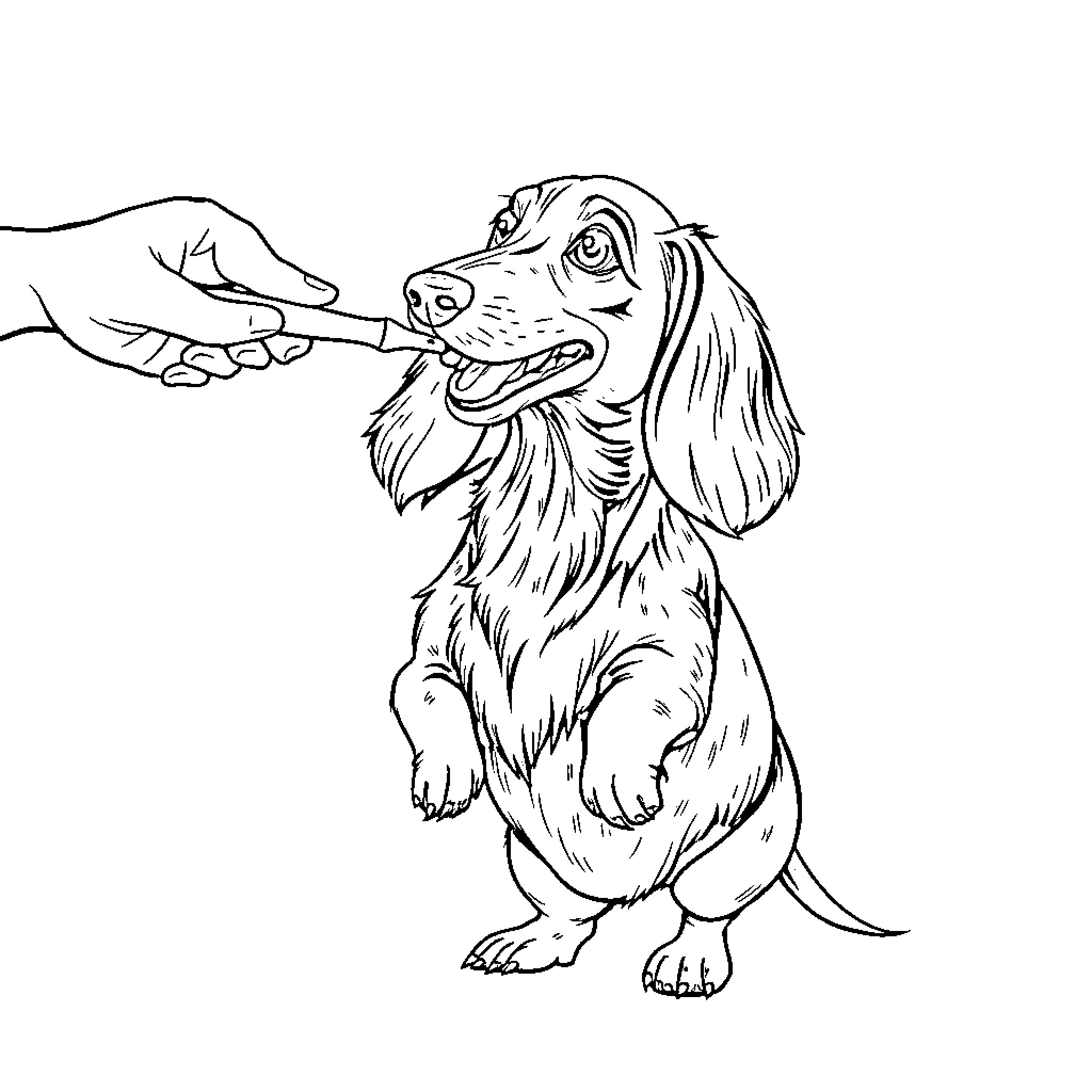 Dachshund playing and interacting with human hand Coloring Page (free black-and-white line drawing printable PDF for all, from beginners to advanced learners, including children, teens, adults, and seniors)