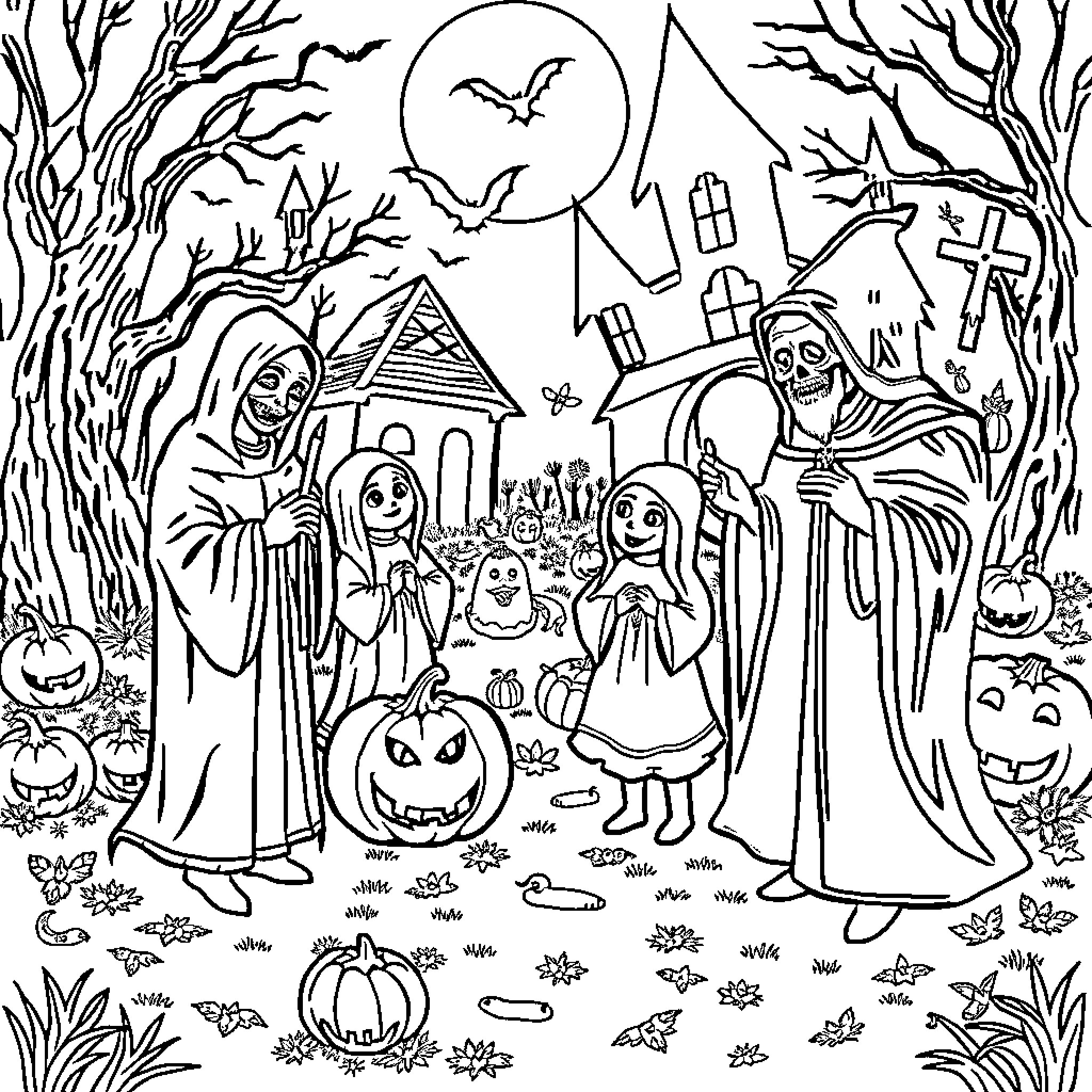 Halloween Spooky Scene with Haunted House and Costumed Characters Coloring Page (free black-and-white line drawing printable PDF for all, from beginners to advanced learners, including children, teens, adults, and seniors)