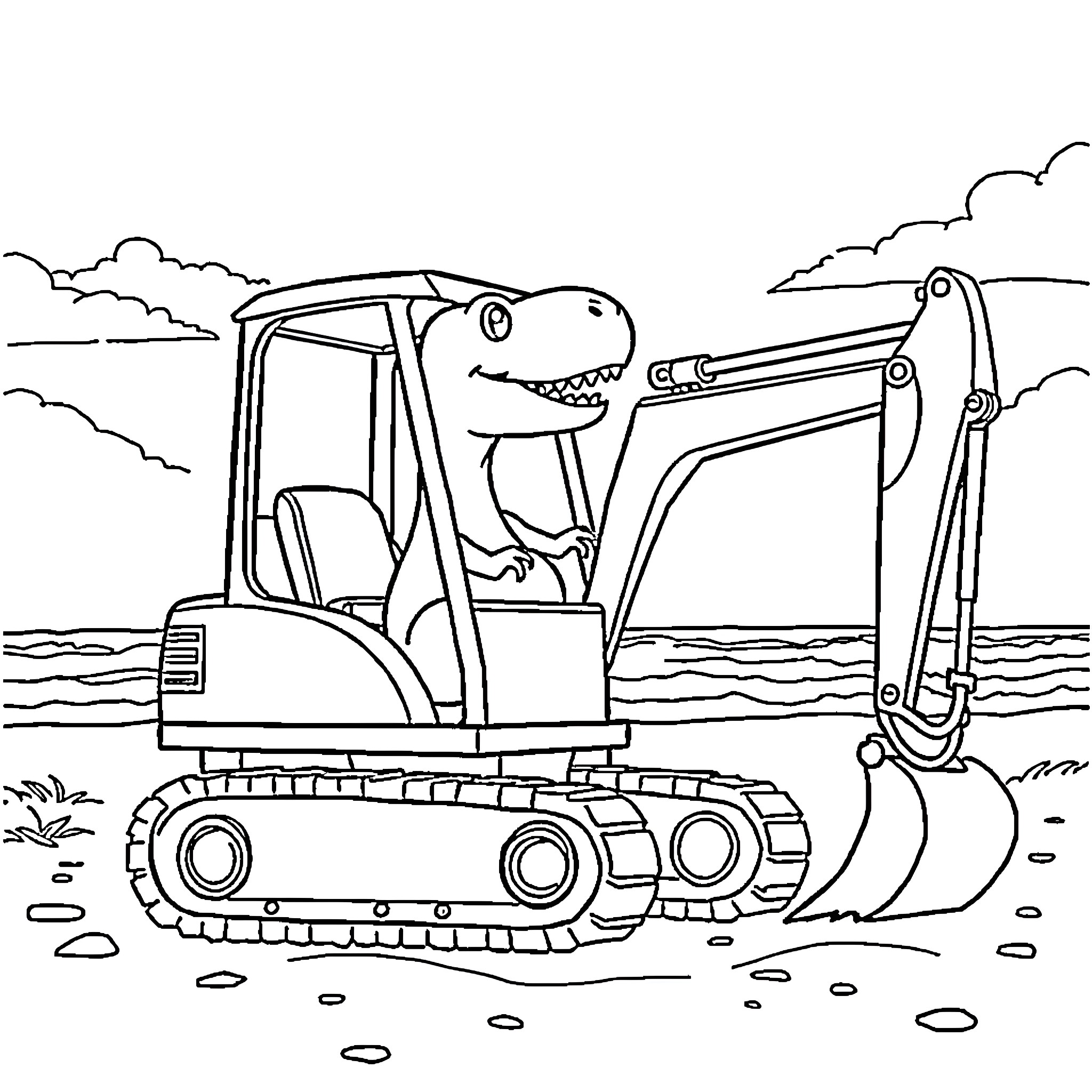 Dinosaur operating a construction excavator Coloring Page (free black-and-white line drawing printable PDF for all, from beginners to advanced learners, including children, teens, adults, and seniors)