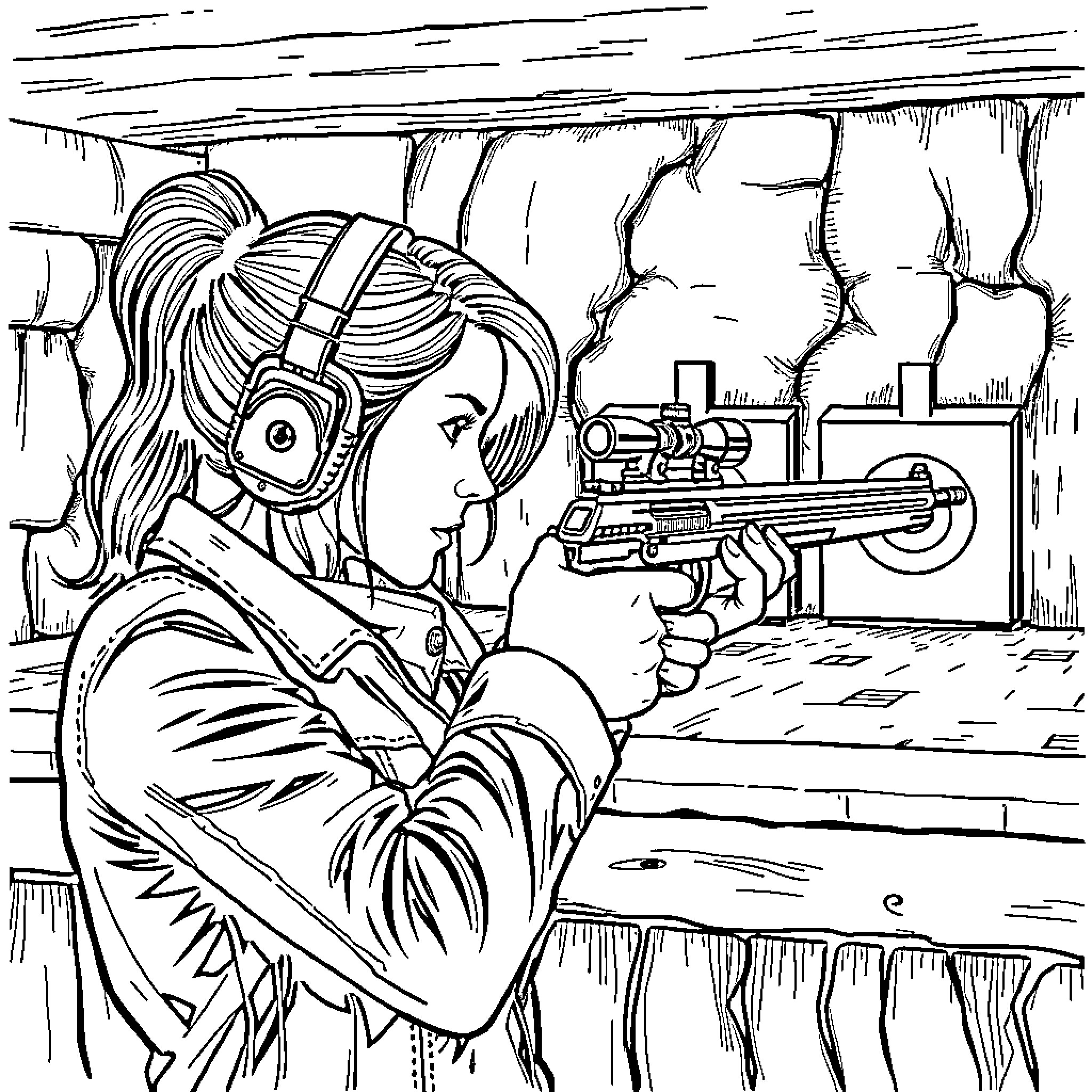 Claire Redfield with assault rifle in action scene Coloring Page (free black-and-white line drawing printable PDF for all, from beginners to advanced learners, including children, teens, adults, and seniors)