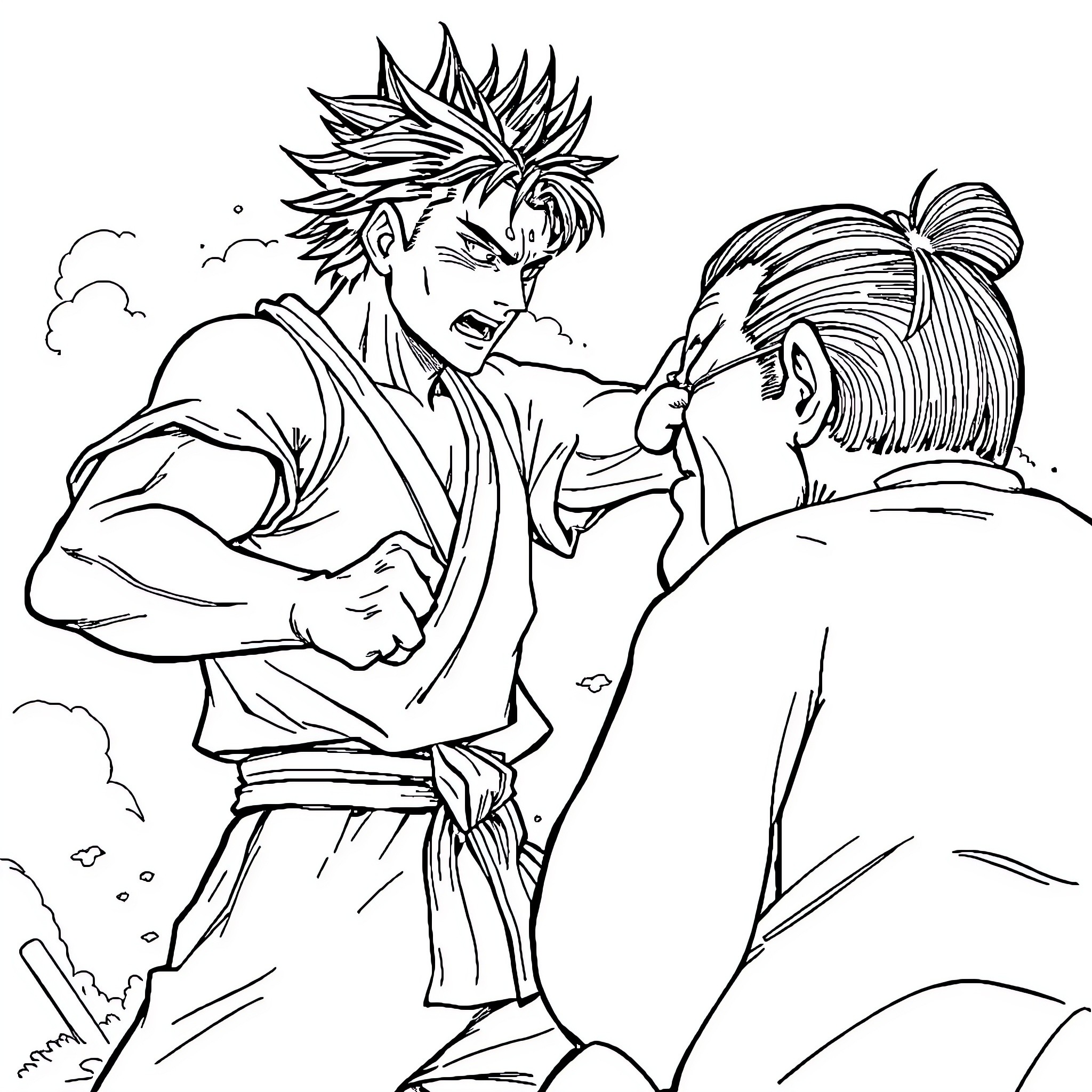 Tanjiro engaging in intense combat with another warrior Coloring Page (free black-and-white line drawing printable PDF for all, from beginners to advanced learners, including children, teens, adults, and seniors)
