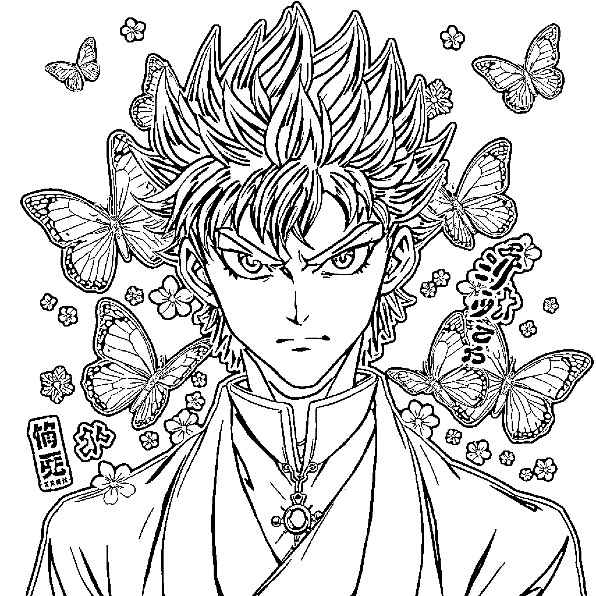 Anime Character with Fierce Expression Surrounded by Butterflies Coloring Page (free black-and-white line drawing printable PDF for all, from beginners to advanced learners, including children, teens, adults, and seniors)