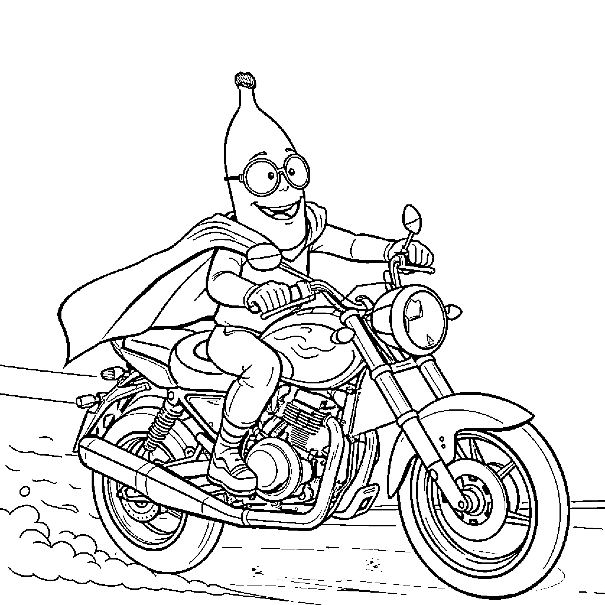 Banana superhero riding a motorcycle Coloring Page (free black-and-white line drawing printable PDF for all, from beginners to advanced learners, including children, teens, adults, and seniors)