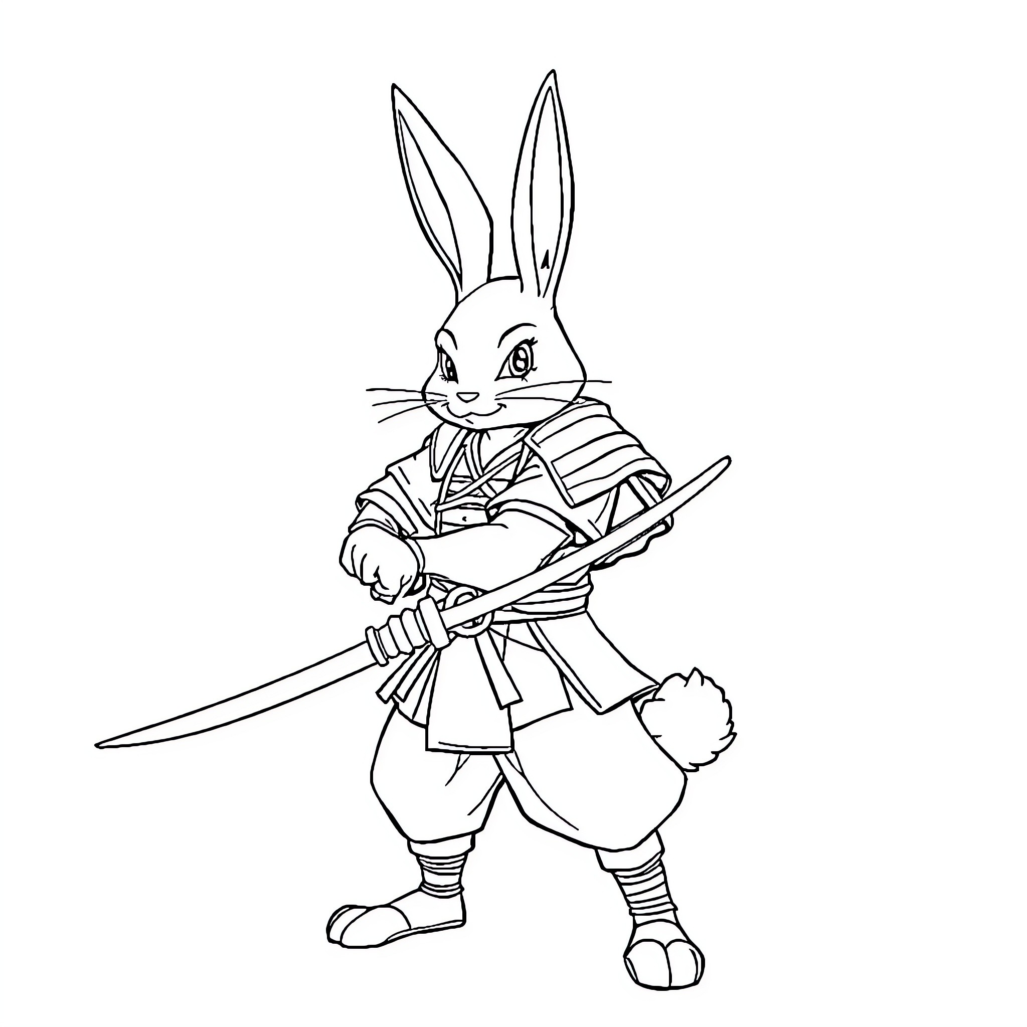 Usagi the Warrior Rabbit in Martial Arts Stance Coloring Page (free black-and-white line drawing printable PDF for all, from beginners to advanced learners, including children, teens, adults, and seniors)