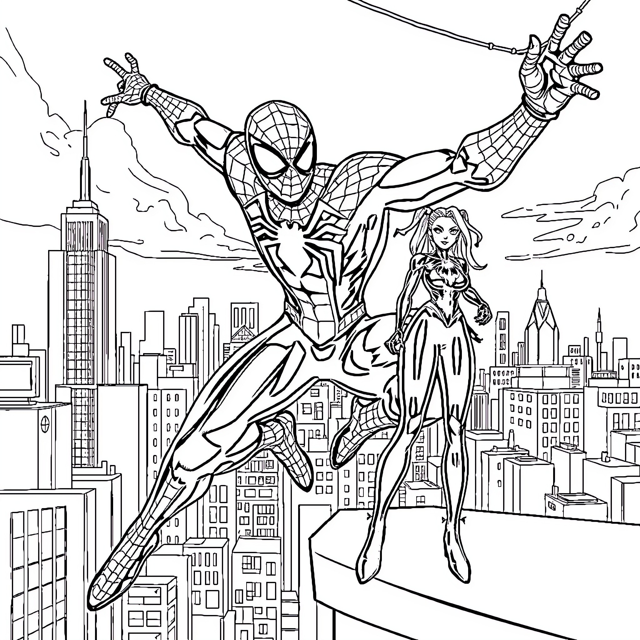 Spiderman rescuing a woman in the city skyline Coloring Page (free black-and-white line drawing printable PDF for all, from beginners to advanced learners, including children, teens, adults, and seniors)