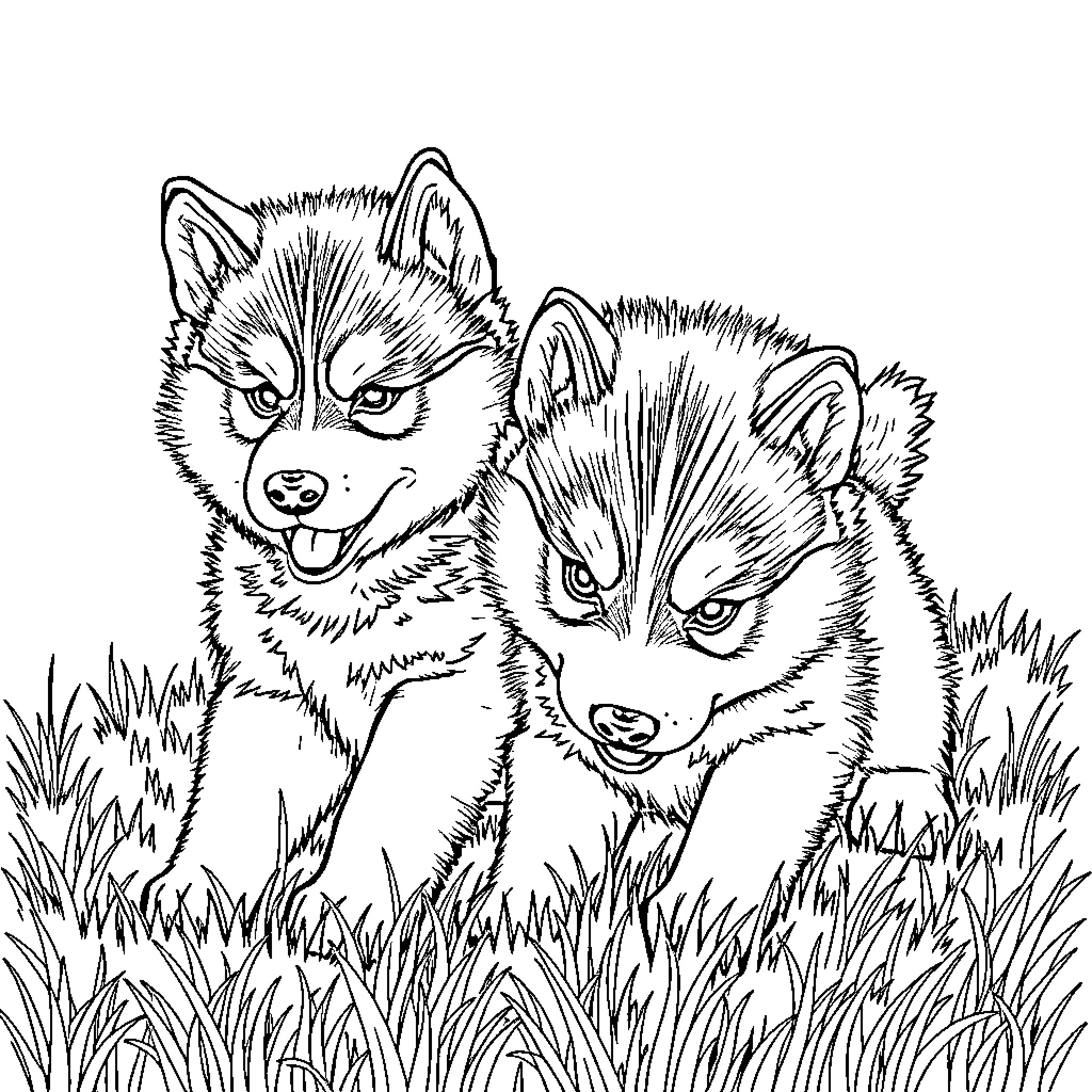 Husky puppies playing in the grass Coloring Page (free black-and-white line drawing printable PDF for all, from beginners to advanced learners, including children, teens, adults, and seniors)