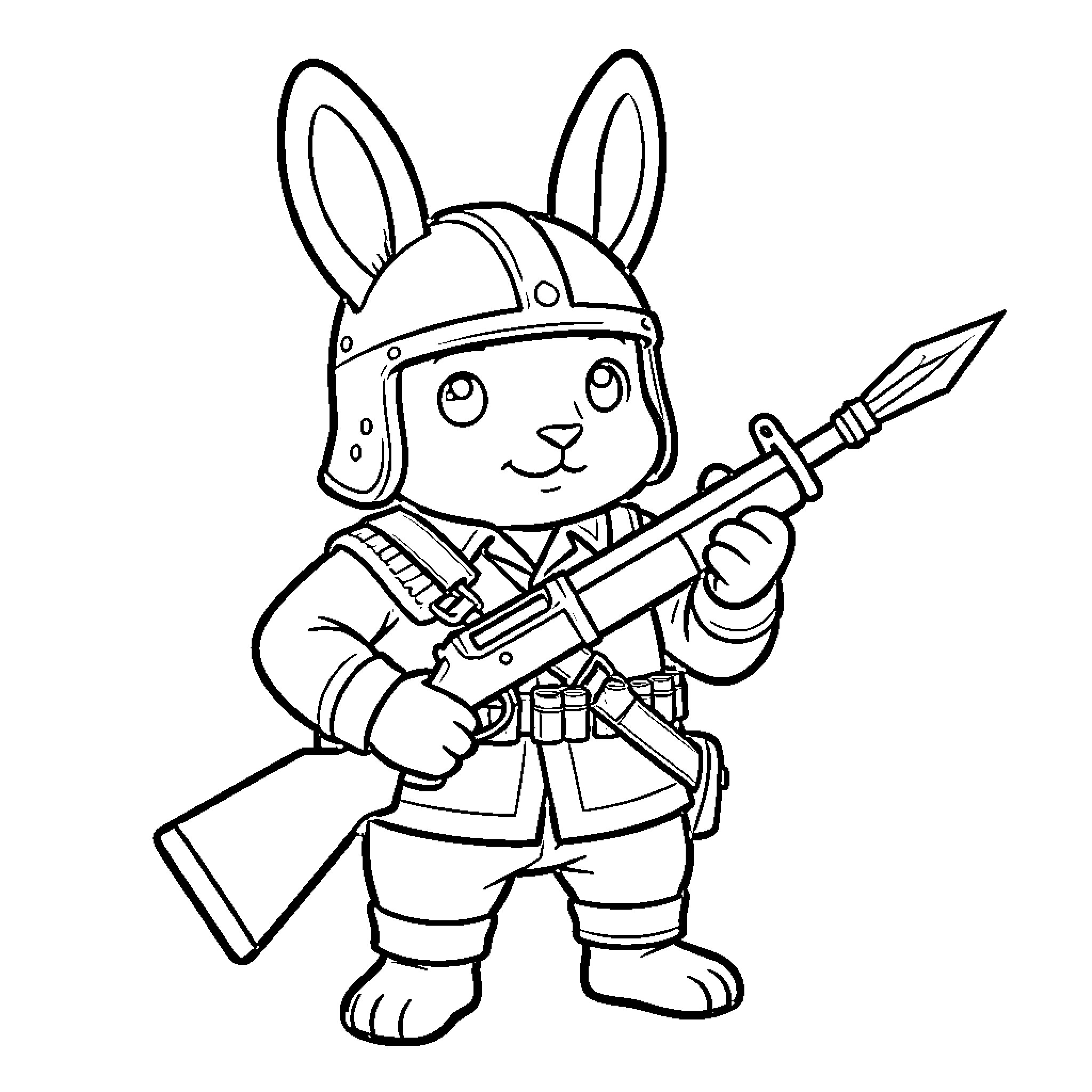 Bunny soldier wearing a helmet and holding a rifle Coloring Page (free black-and-white line drawing printable PDF for all, from beginners to advanced learners, including children, teens, adults, and seniors)