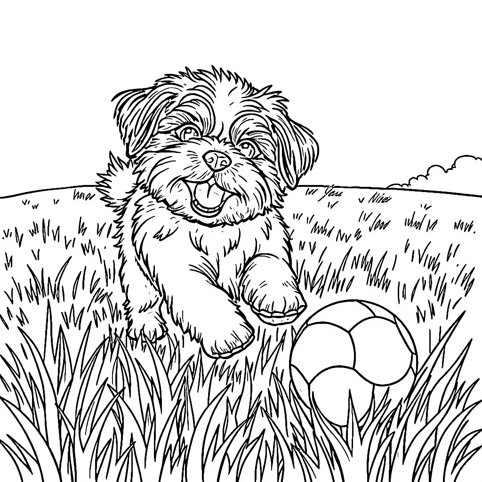 Shih Tzu playing joyfully in the grassy field Coloring Page (free black-and-white line drawing printable PDF for all, from beginners to advanced learners, including children, teens, adults, and seniors)