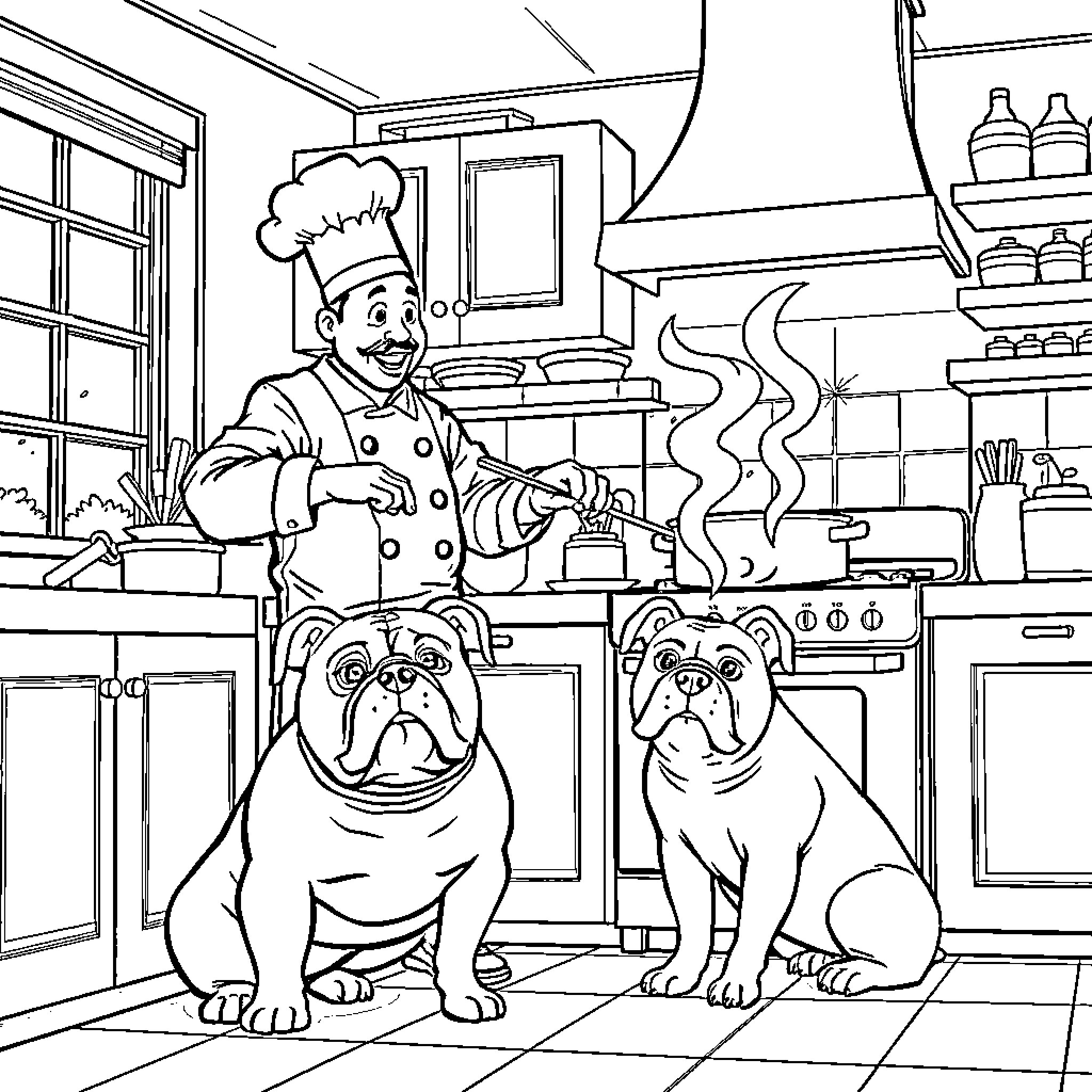 Chef cooking happily with his faithful canine companions Coloring Page (free black-and-white line drawing printable PDF for all, from beginners to advanced learners, including children, teens, adults, and seniors)
