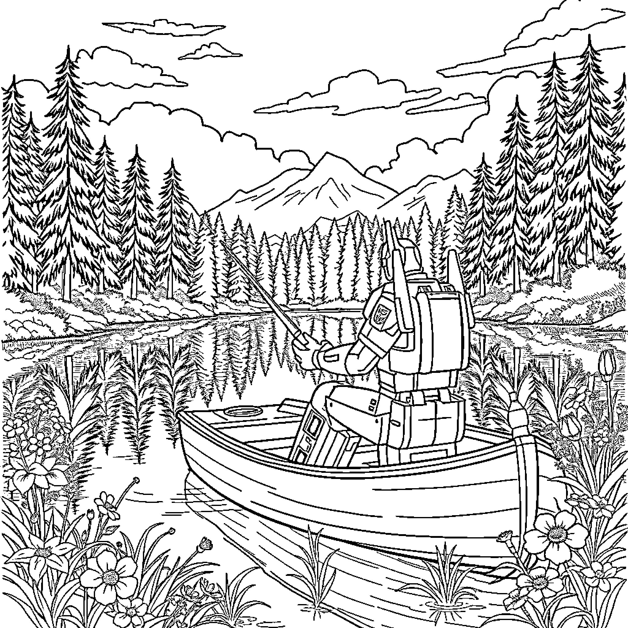 Optimus Prime fishing in a serene wilderness lake Coloring Page (free black-and-white line drawing printable PDF for all, from beginners to advanced learners, including children, teens, adults, and seniors)