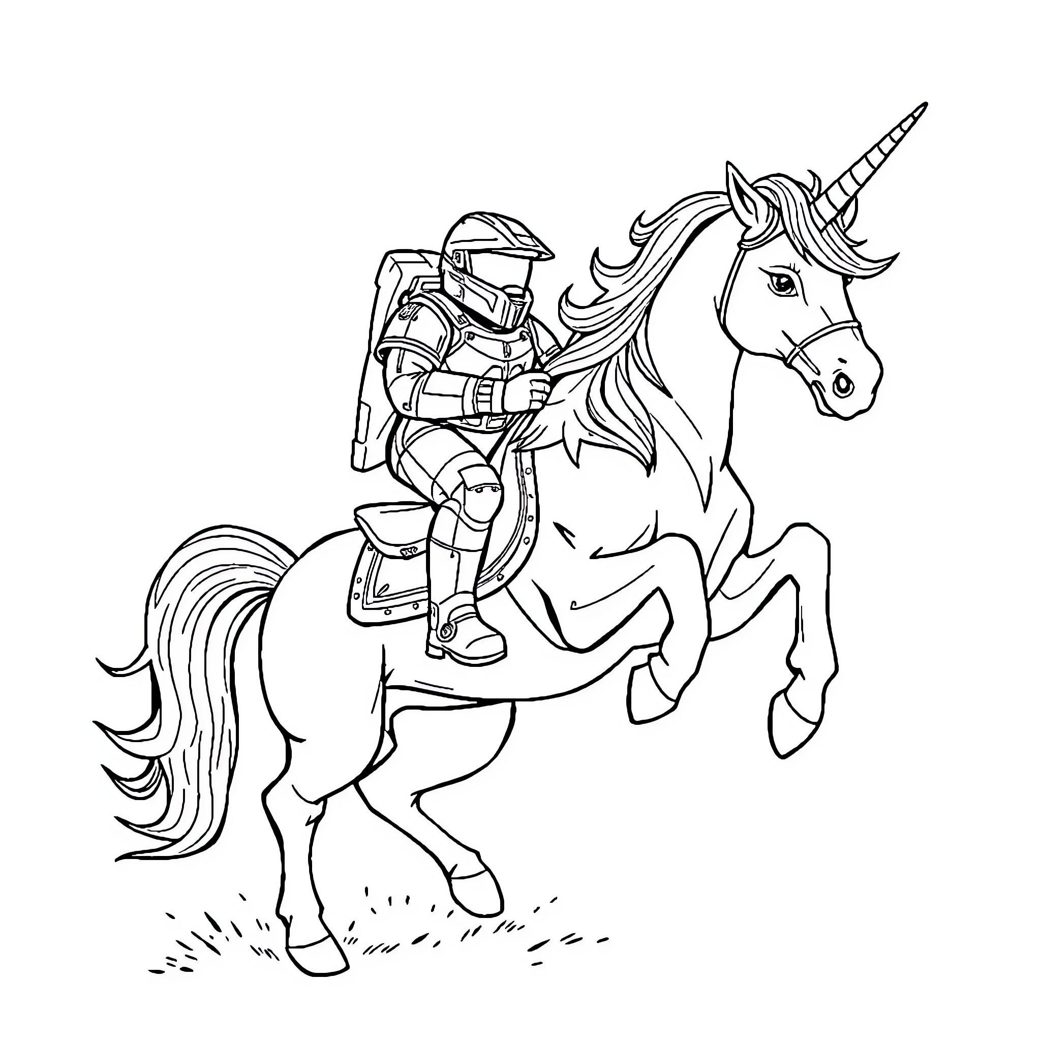 Master Chief riding a unicorn in action Coloring Page (free black-and-white line drawing printable PDF for all, from beginners to advanced learners, including children, teens, adults, and seniors)