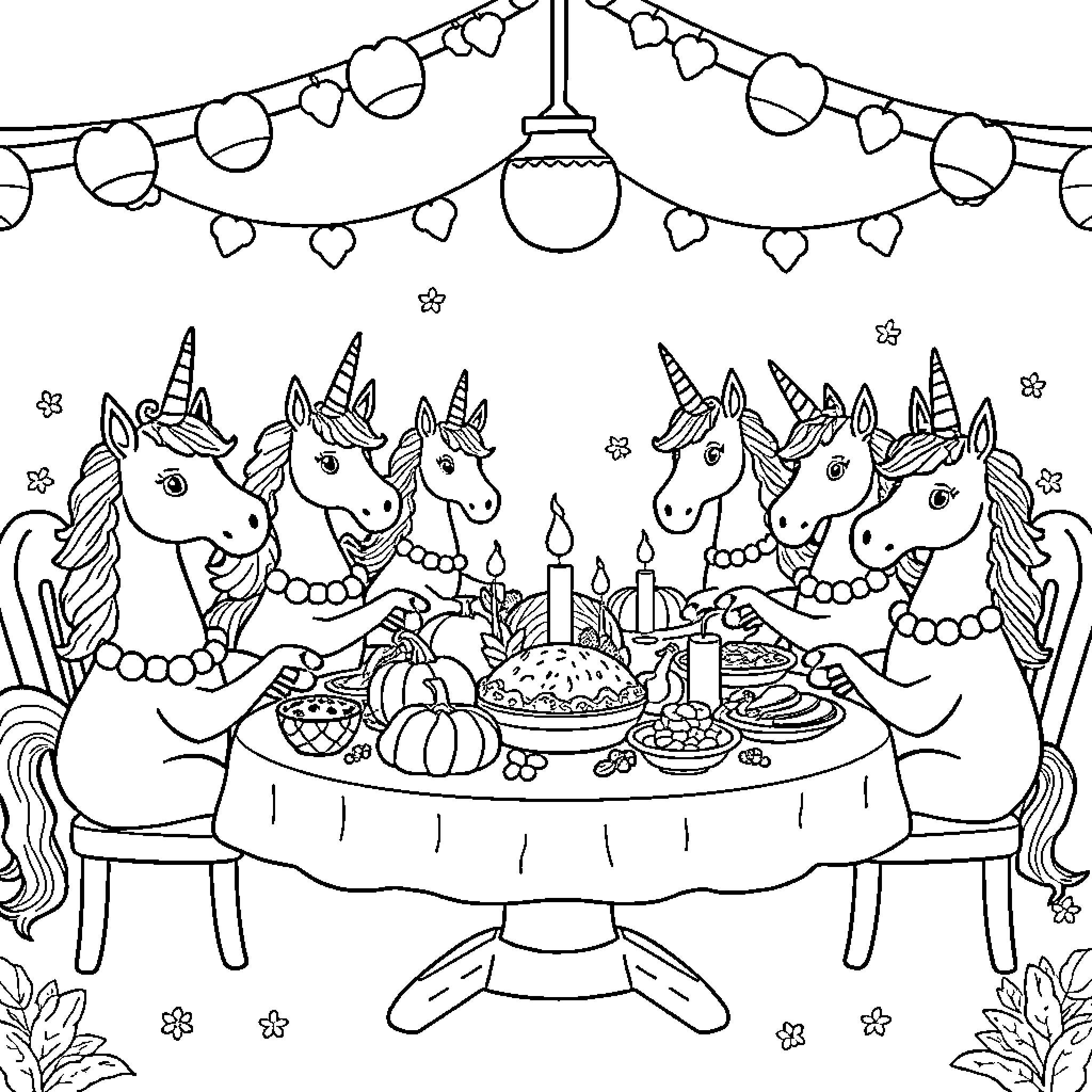 Zoonicorns celebrating a festive party Coloring Page (free black-and-white line drawing printable PDF for all, from beginners to advanced learners, including children, teens, adults, and seniors)