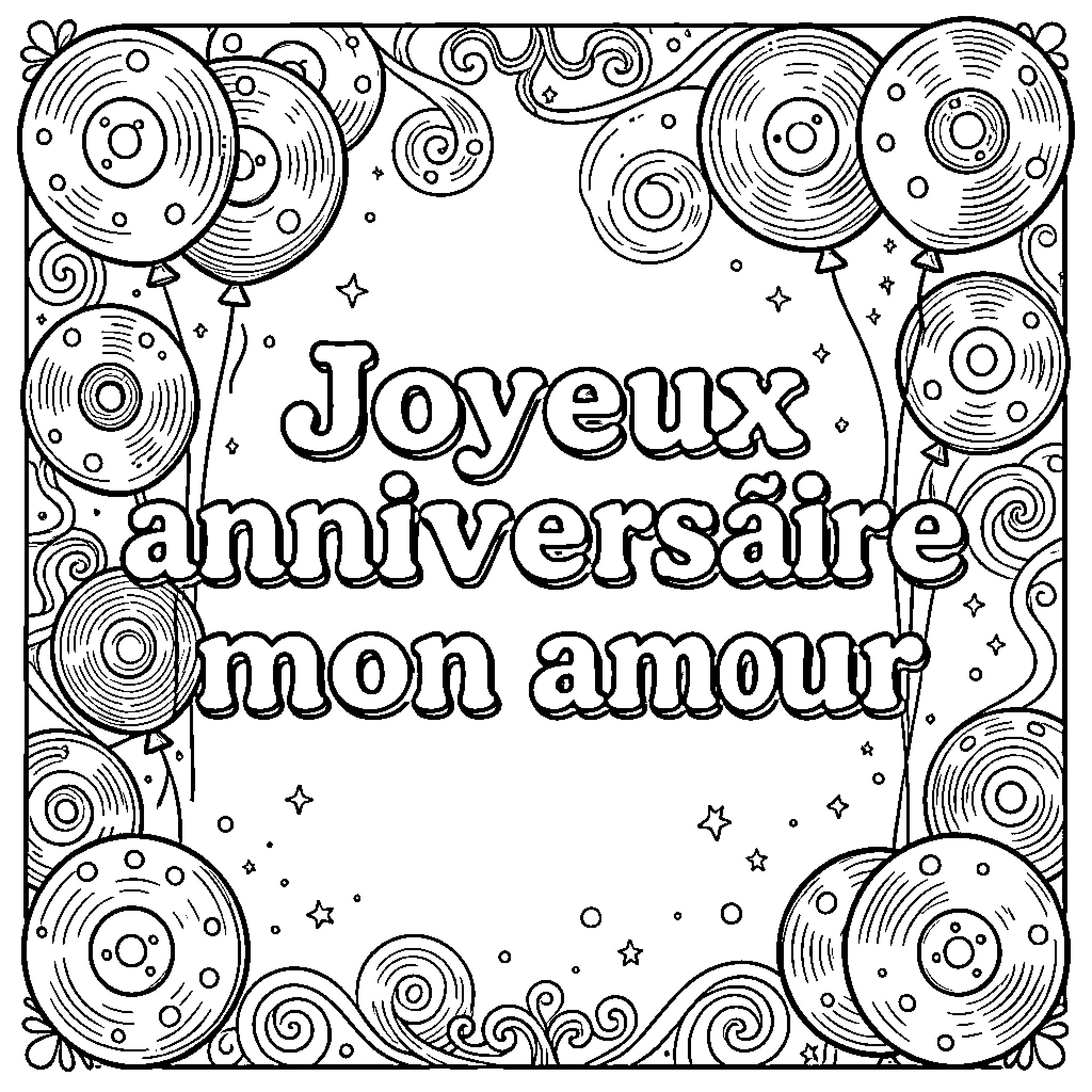 Birthday celebration with floating balloons and decorative swirls Coloring Page (free black-and-white line drawing printable PDF for all, from beginners to advanced learners, including children, teens, adults, and seniors)