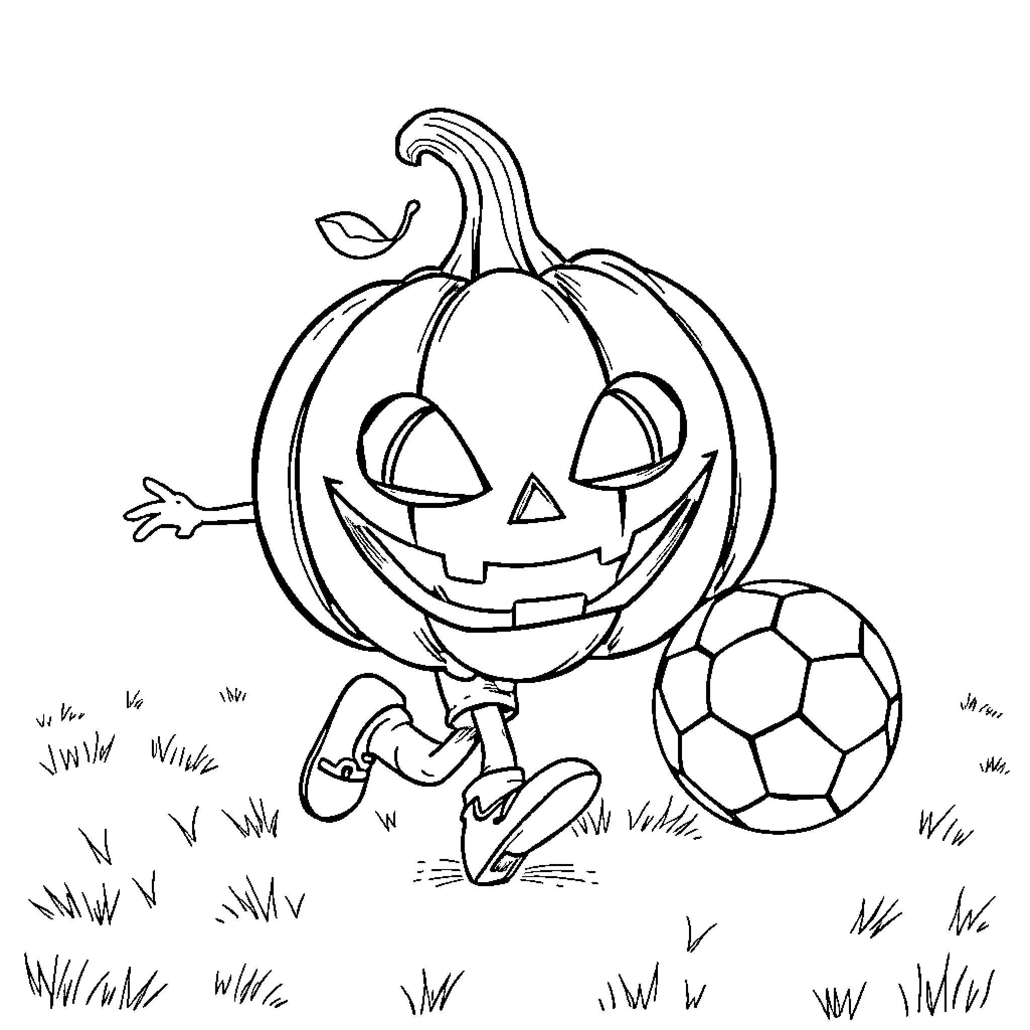 Jackolantern kicking soccer ball in field Coloring Page (free black-and-white line drawing printable PDF for all, from beginners to advanced learners, including children, teens, adults, and seniors)