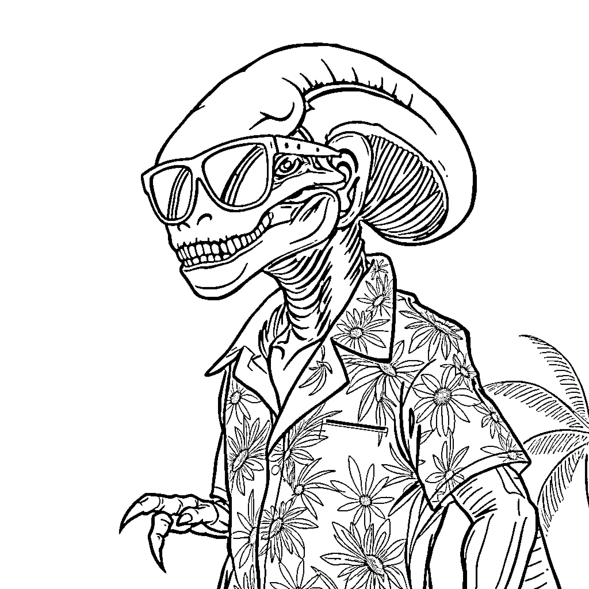 Xenomorph in tropical floral attire Coloring Page (free black-and-white line drawing printable PDF for all, from beginners to advanced learners, including children, teens, adults, and seniors)