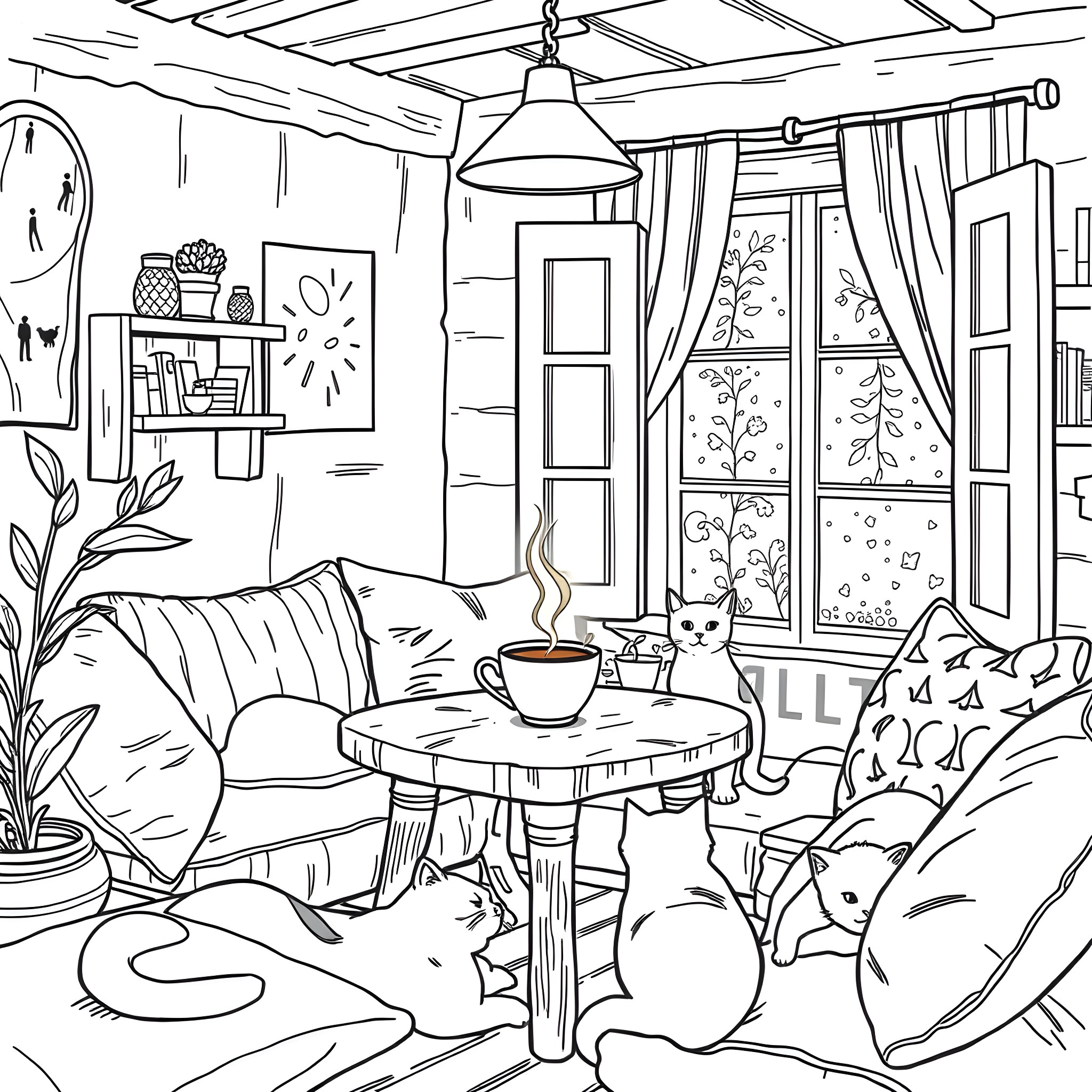 Coffee Time in a Cozy Home Coloring Page (free black-and-white line drawing printable PDF for all, from beginners to advanced learners, including children, teens, adults, and seniors)