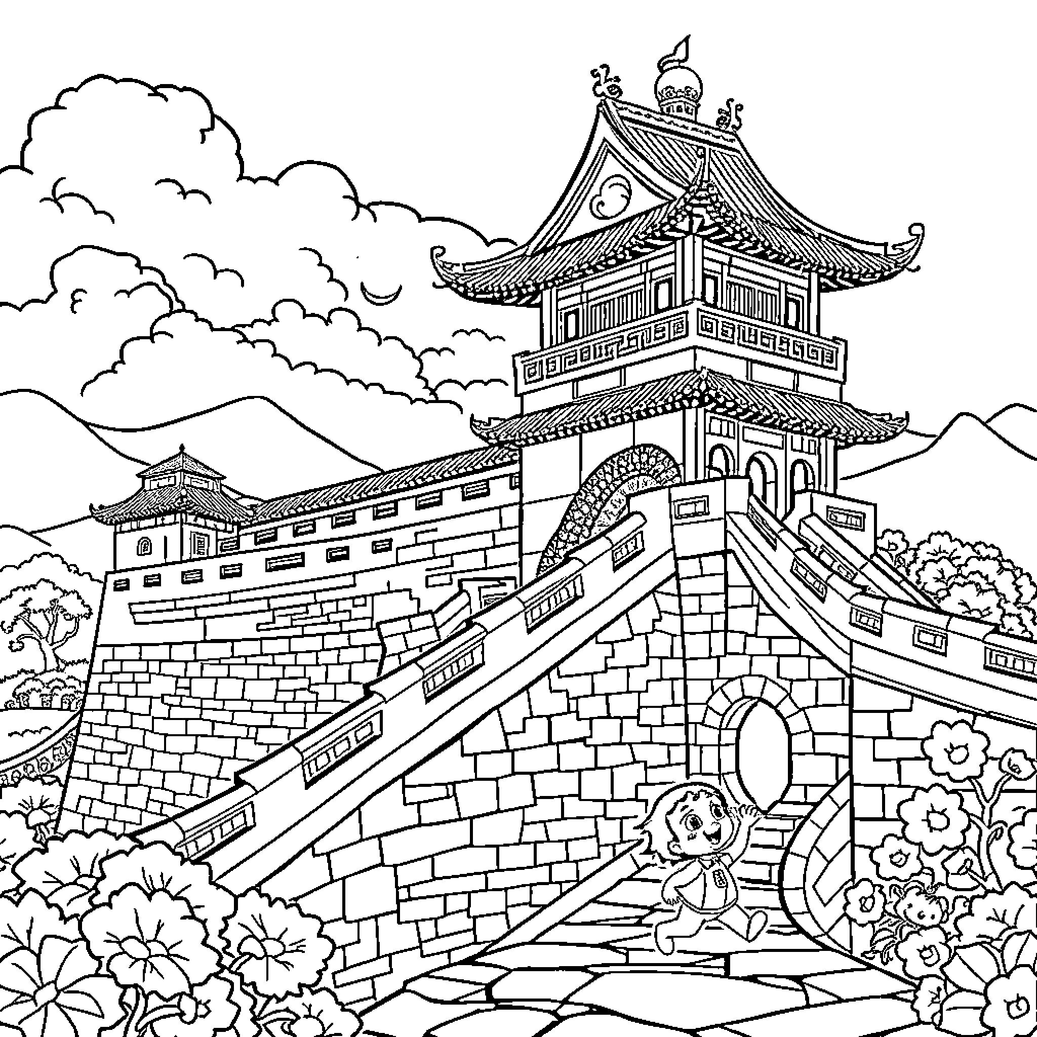 Great Wall scenic landscape with traditional architecture Coloring Page (free black-and-white line drawing printable PDF for all, from beginners to advanced learners, including children, teens, adults, and seniors)