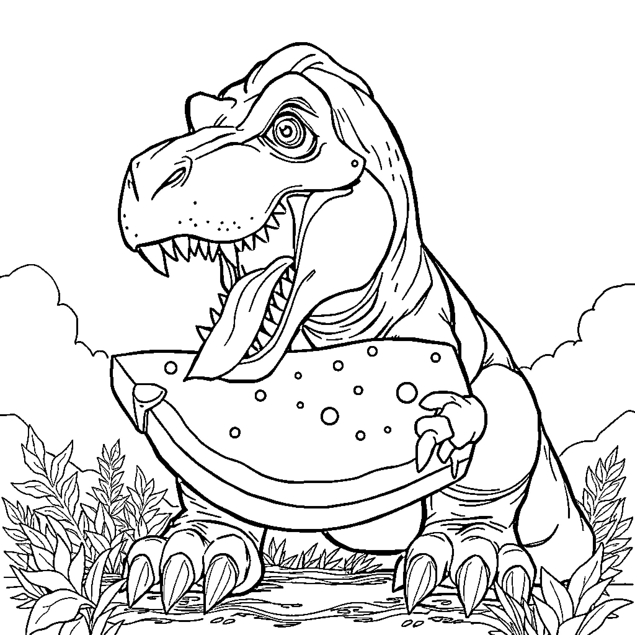 T-Rex enjoying a watermelon in the wild Coloring Page (free black-and-white line drawing printable PDF for all, from beginners to advanced learners, including children, teens, adults, and seniors)