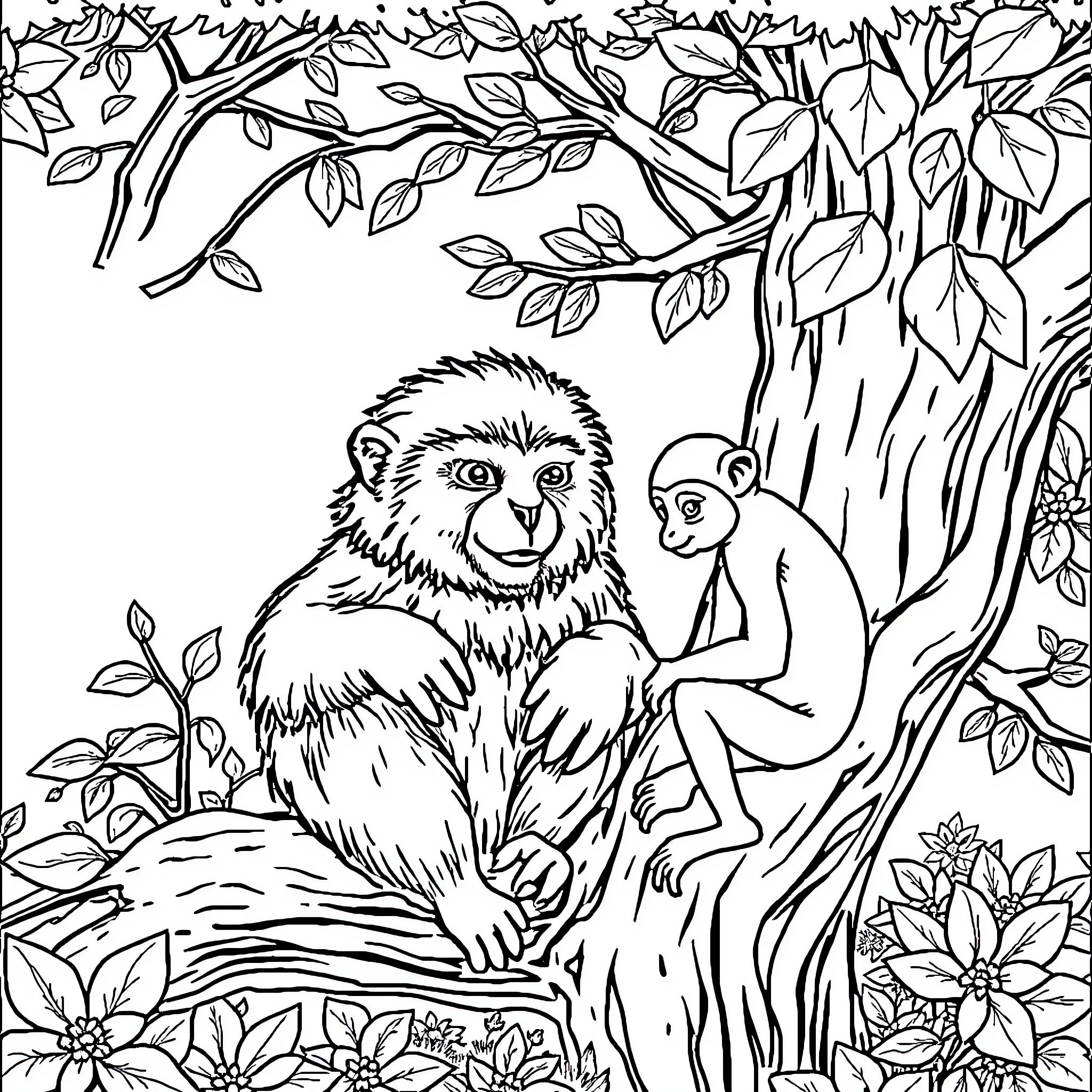 Bear and baby monkey in a lush forest Coloring Page (free black-and-white line drawing printable PDF for all, from beginners to advanced learners, including children, teens, adults, and seniors)