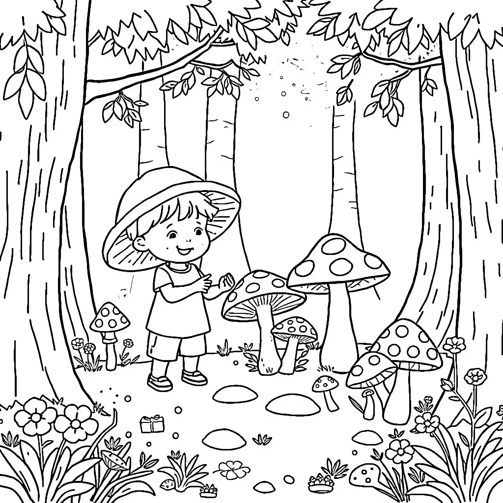 Kid Exploring Enchanted Forest with Mushrooms Coloring Page (free black-and-white line drawing printable PDF for all, from beginners to advanced learners, including children, teens, adults, and seniors)