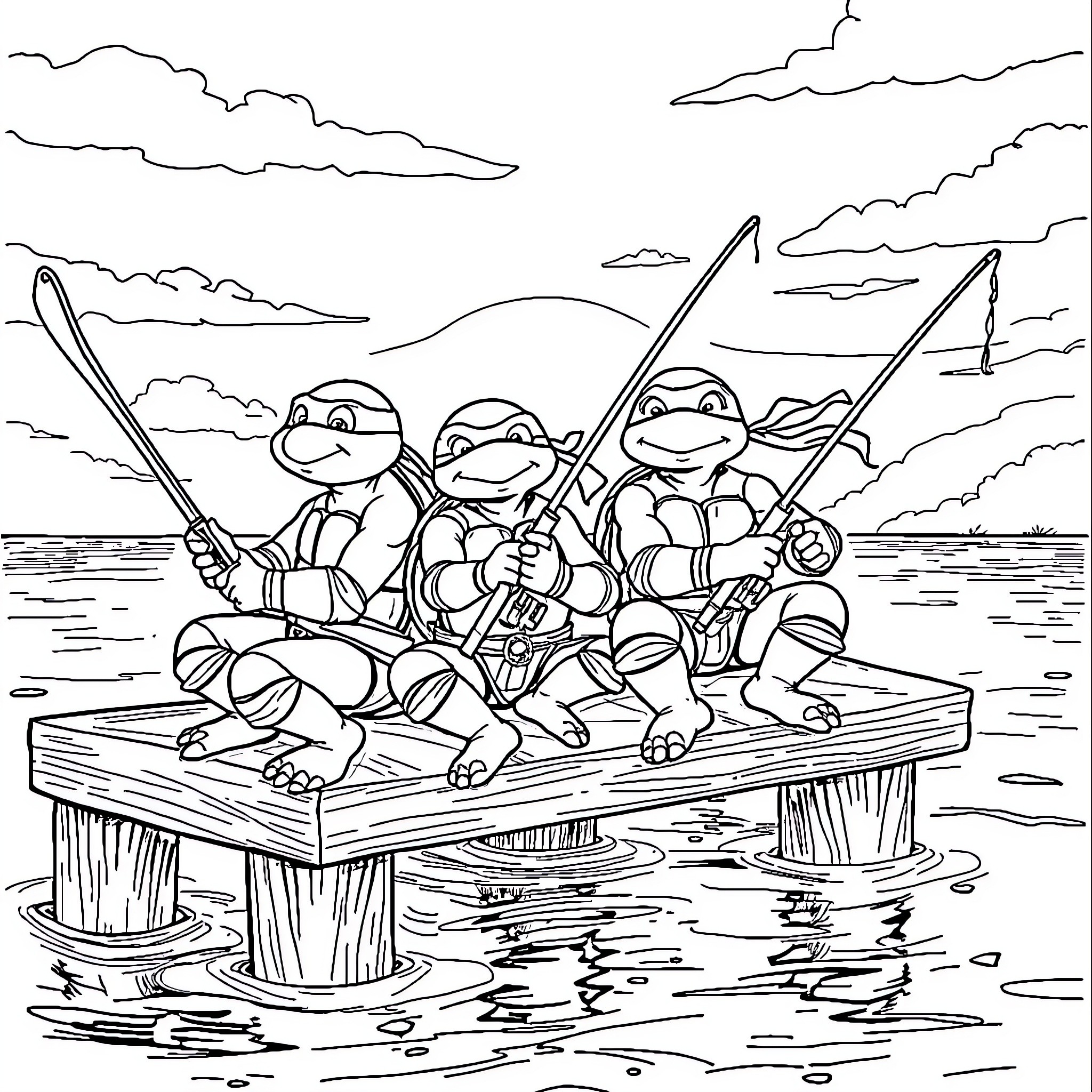 Teenage Mutant Ninja Turtles fishing on a wooden raft Coloring Page (free black-and-white line drawing printable PDF for all, from beginners to advanced learners, including children, teens, adults, and seniors)
