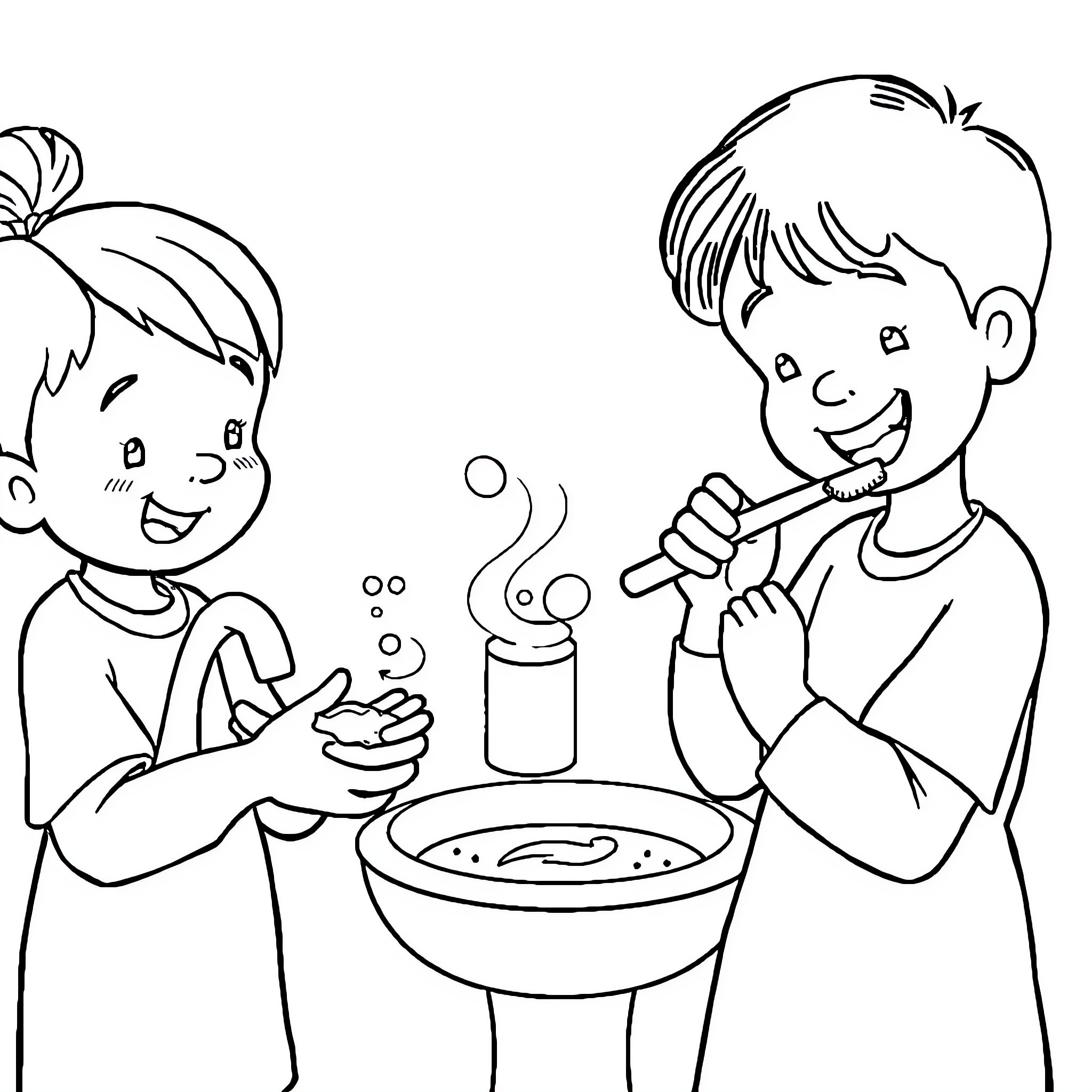 Hygiene Practices for Children Coloring Page (free black-and-white line drawing printable PDF for all, from beginners to advanced learners, including children, teens, adults, and seniors)