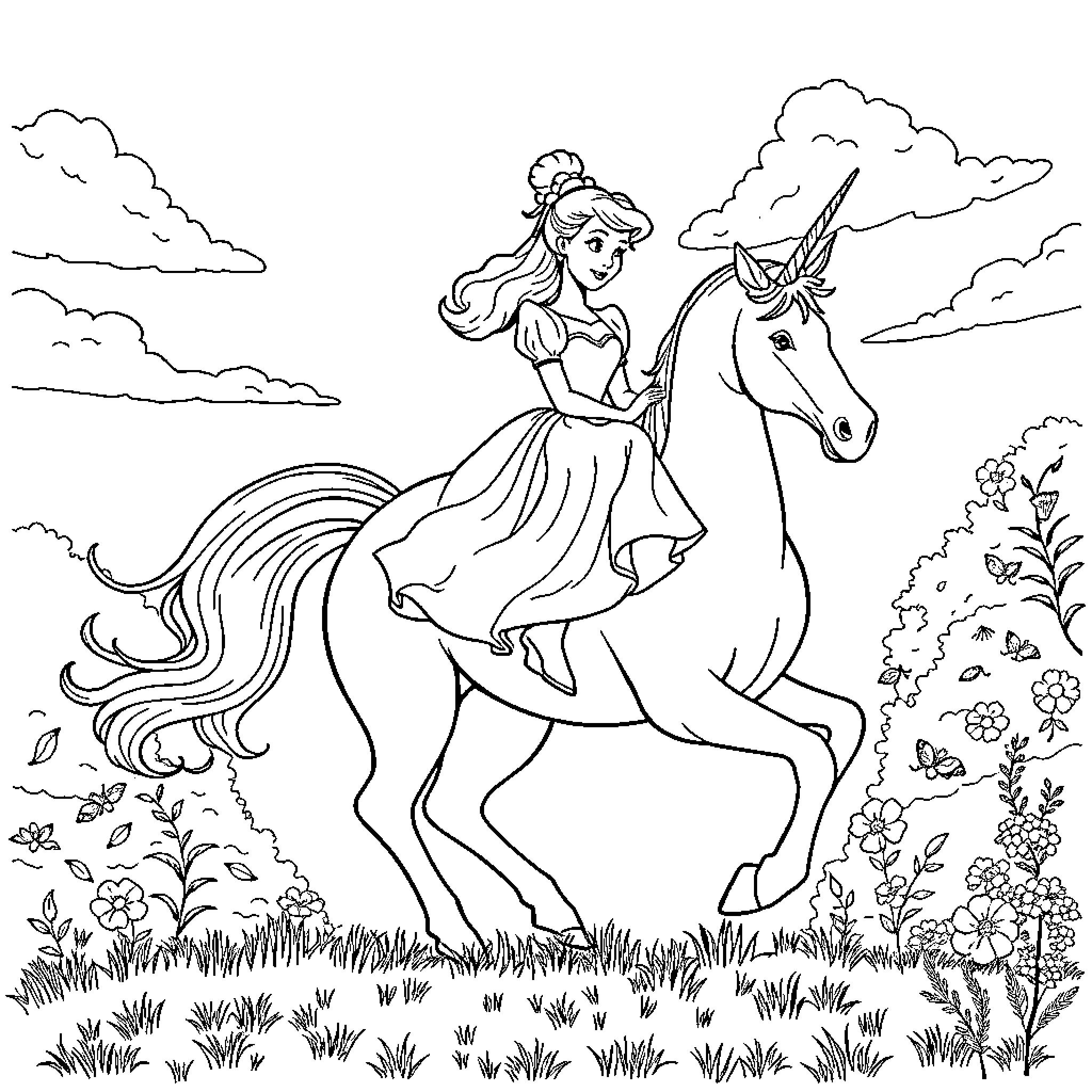 Cinderella riding a unicorn through a magical field Coloring Page (free black-and-white line drawing printable PDF for all, from beginners to advanced learners, including children, teens, adults, and seniors)
