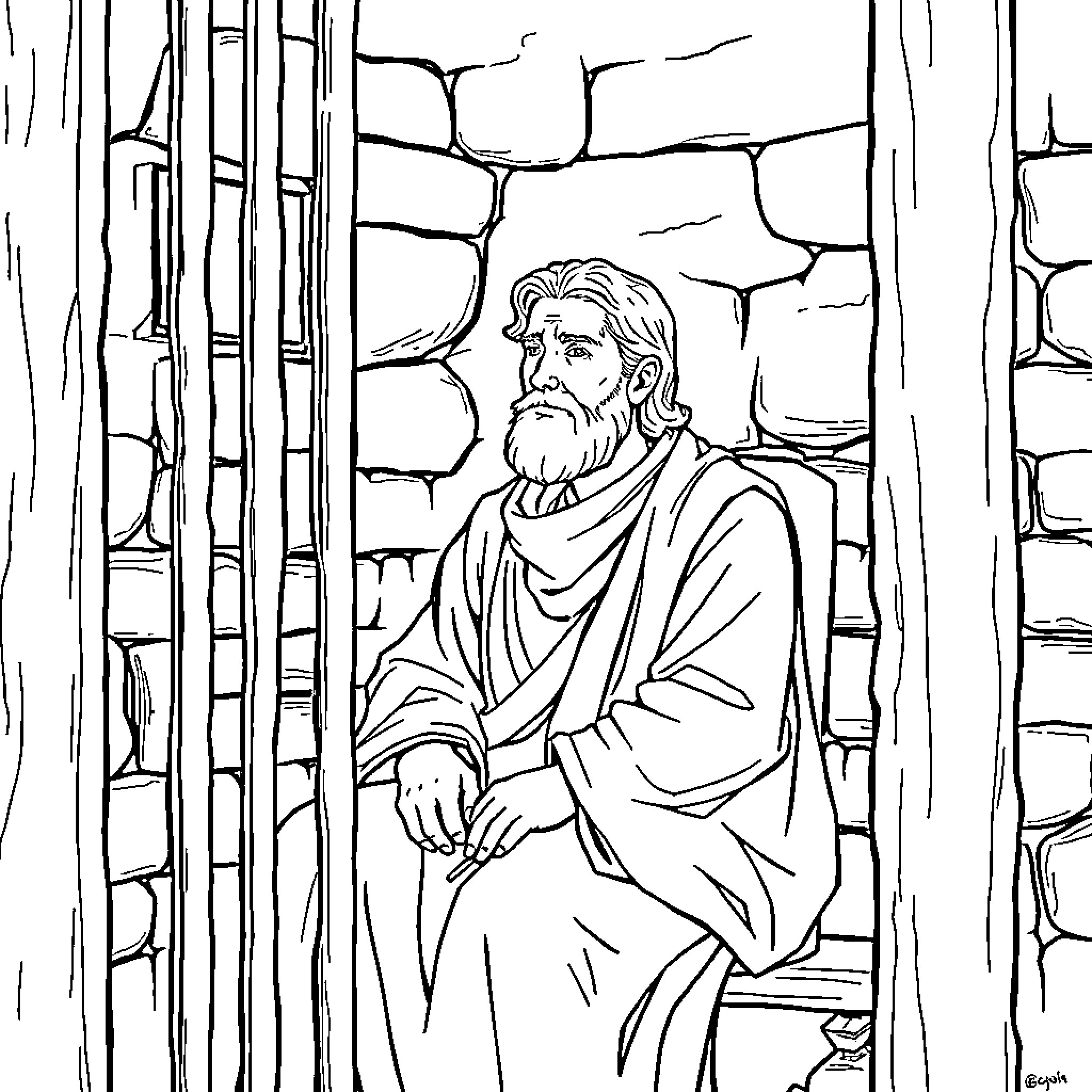 Joseph Smith in contemplative pose in a rock cave Coloring Page (free black-and-white line drawing printable PDF for all, from beginners to advanced learners, including children, teens, adults, and seniors)