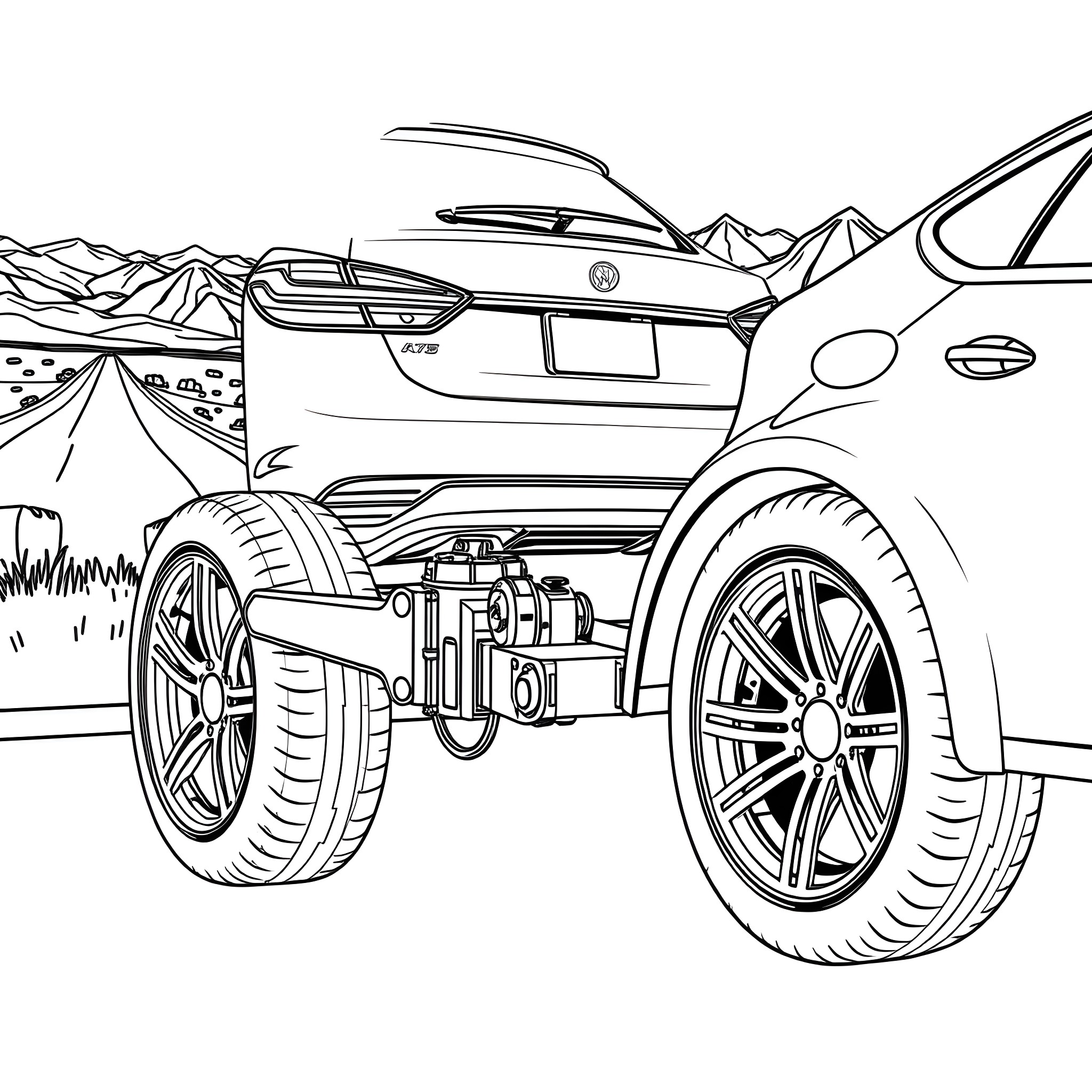 Car Trailer on Rugged Mountain Terrain Coloring Page (free black-and-white line drawing printable PDF for all, from beginners to advanced learners, including children, teens, adults, and seniors)