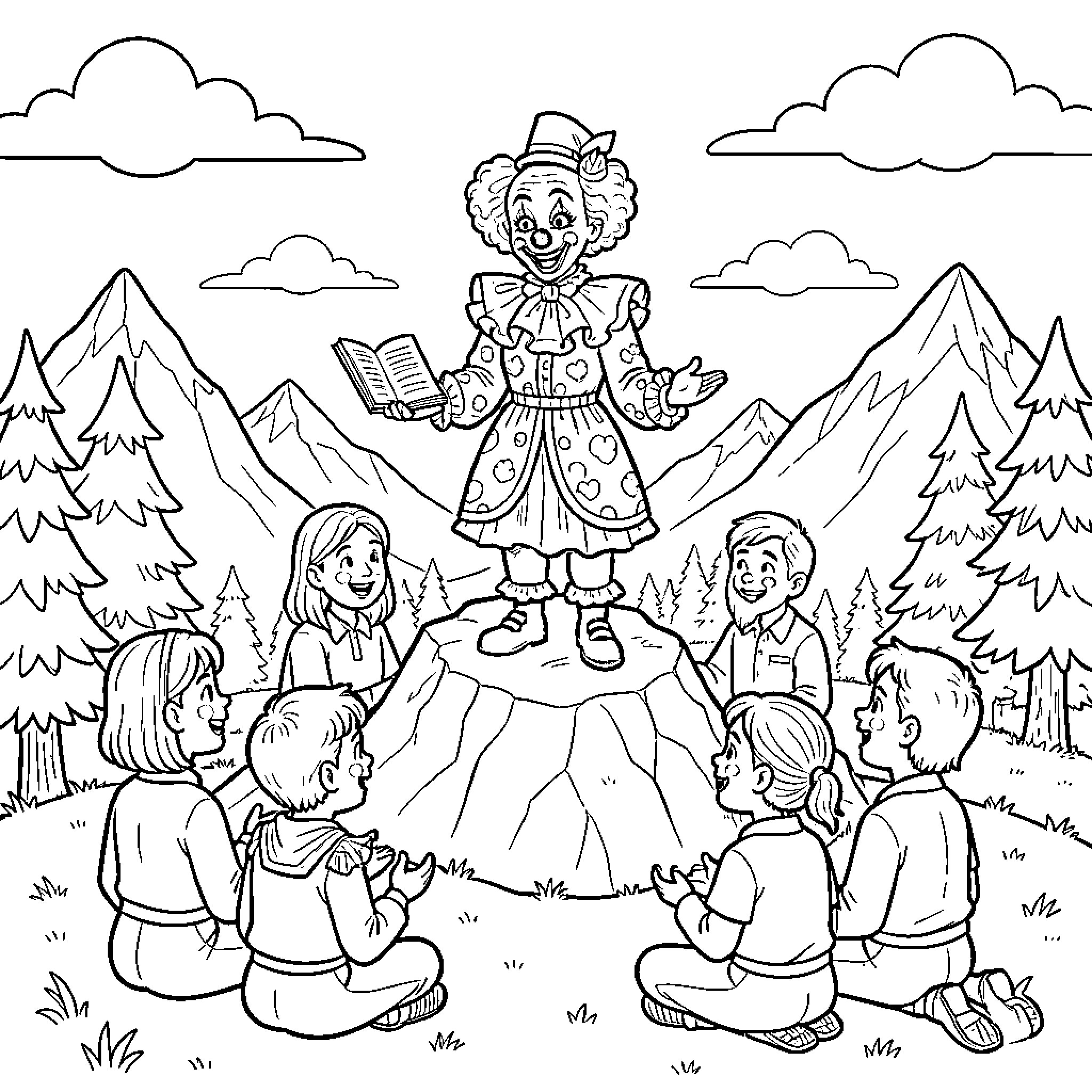 Clown performing magic tricks for a group of children Coloring Page (free black-and-white line drawing printable PDF for all, from beginners to advanced learners, including children, teens, adults, and seniors)