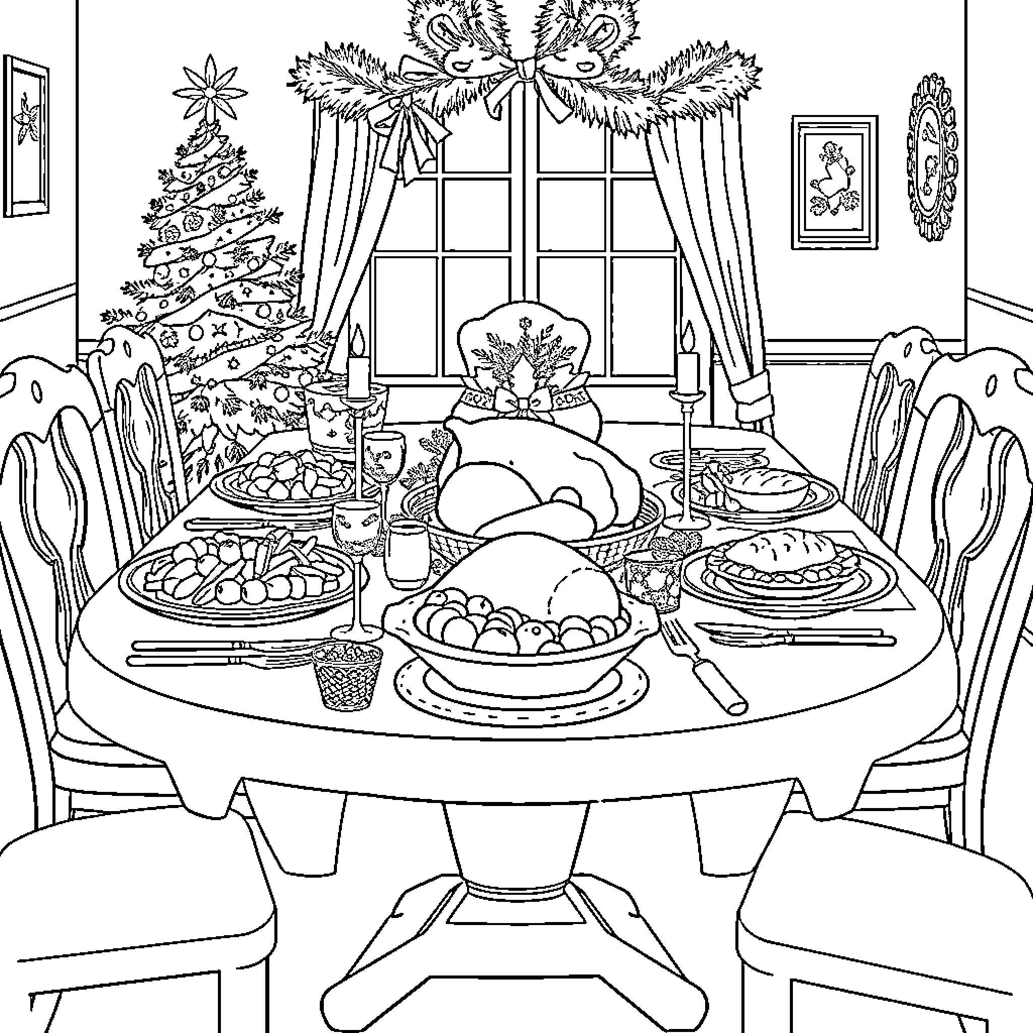 Dining Table Adorned for Festive Celebration Coloring Page (free black-and-white line drawing printable PDF for all, from beginners to advanced learners, including children, teens, adults, and seniors)
