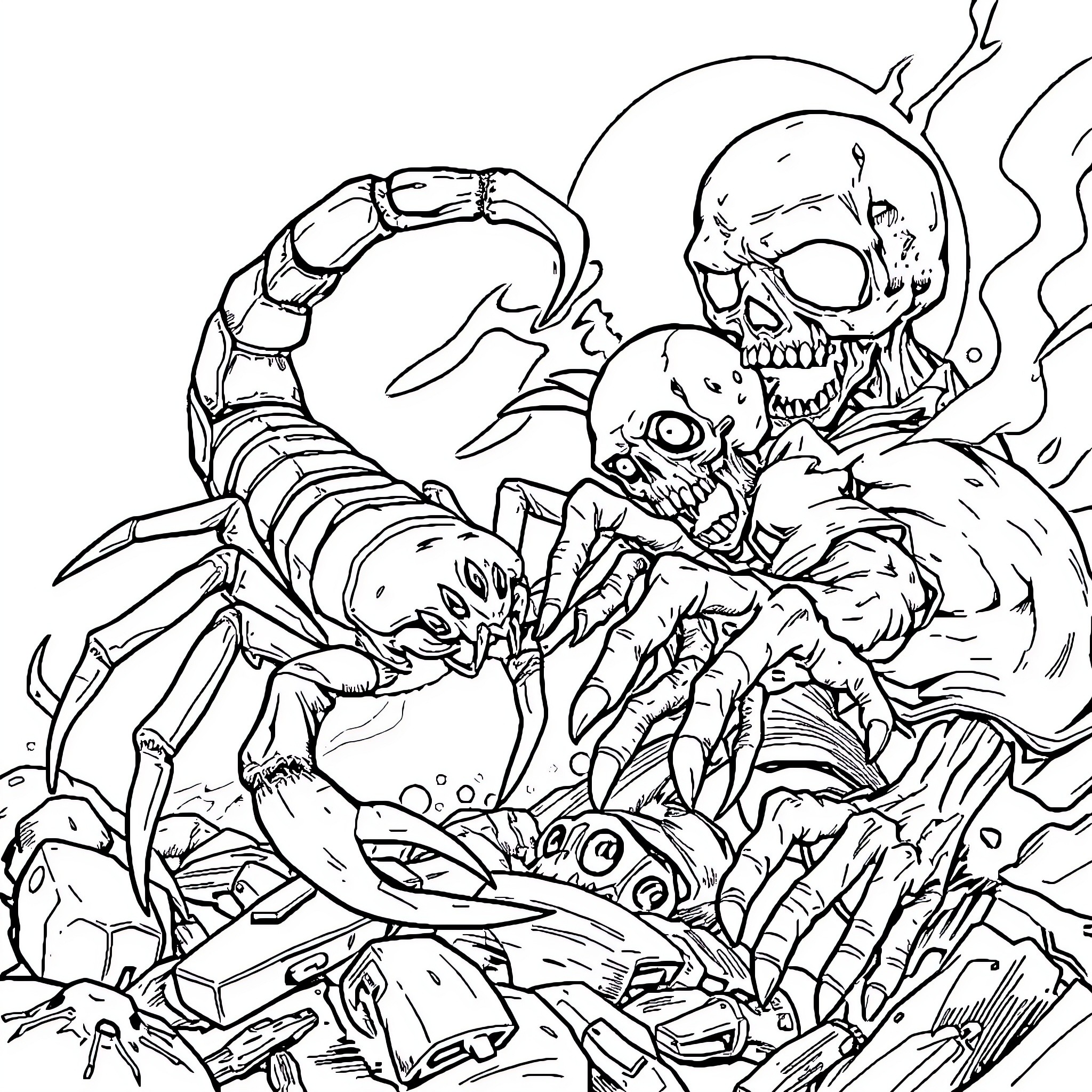 Scorpion Skeleton Emerging from Wreckage Coloring Page (free black-and-white line drawing printable PDF for all, from beginners to advanced learners, including children, teens, adults, and seniors)