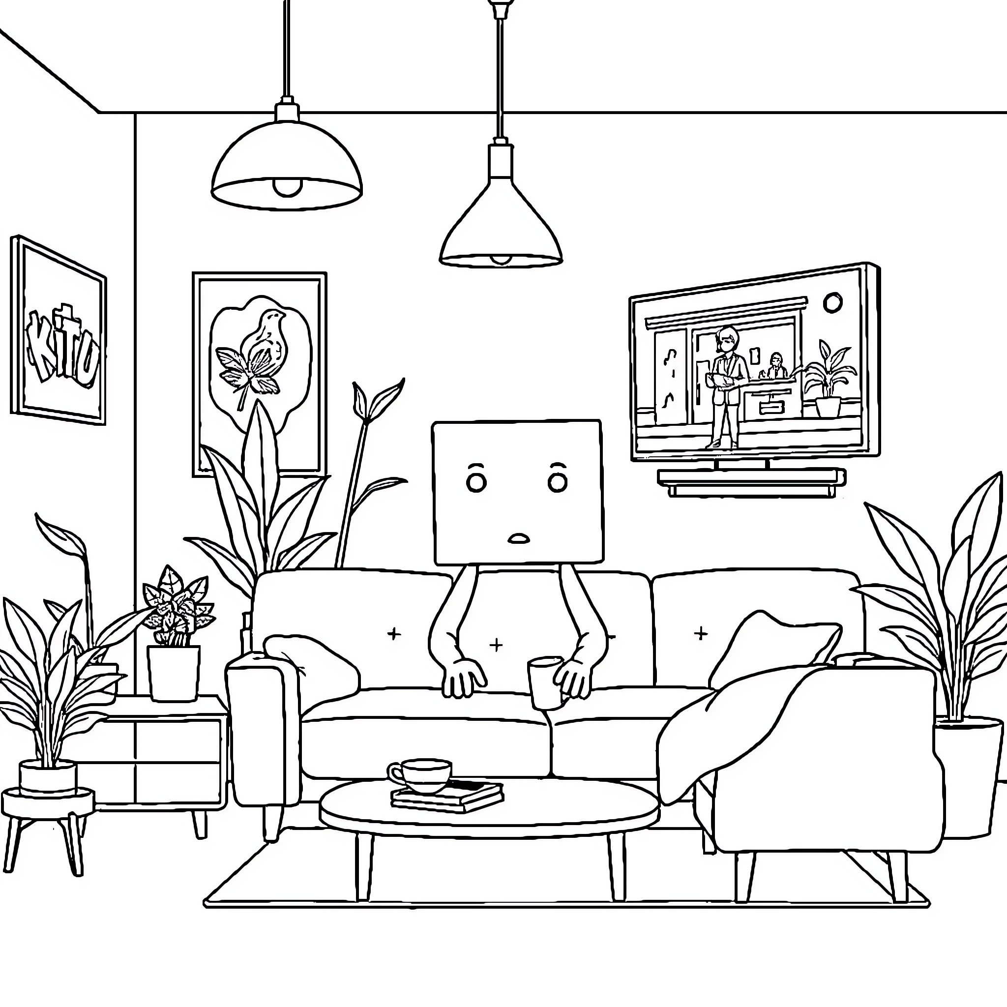 Box-Headed Character Relaxing in Cozy Living Room Coloring Page (free black-and-white line drawing printable PDF for all, from beginners to advanced learners, including children, teens, adults, and seniors)