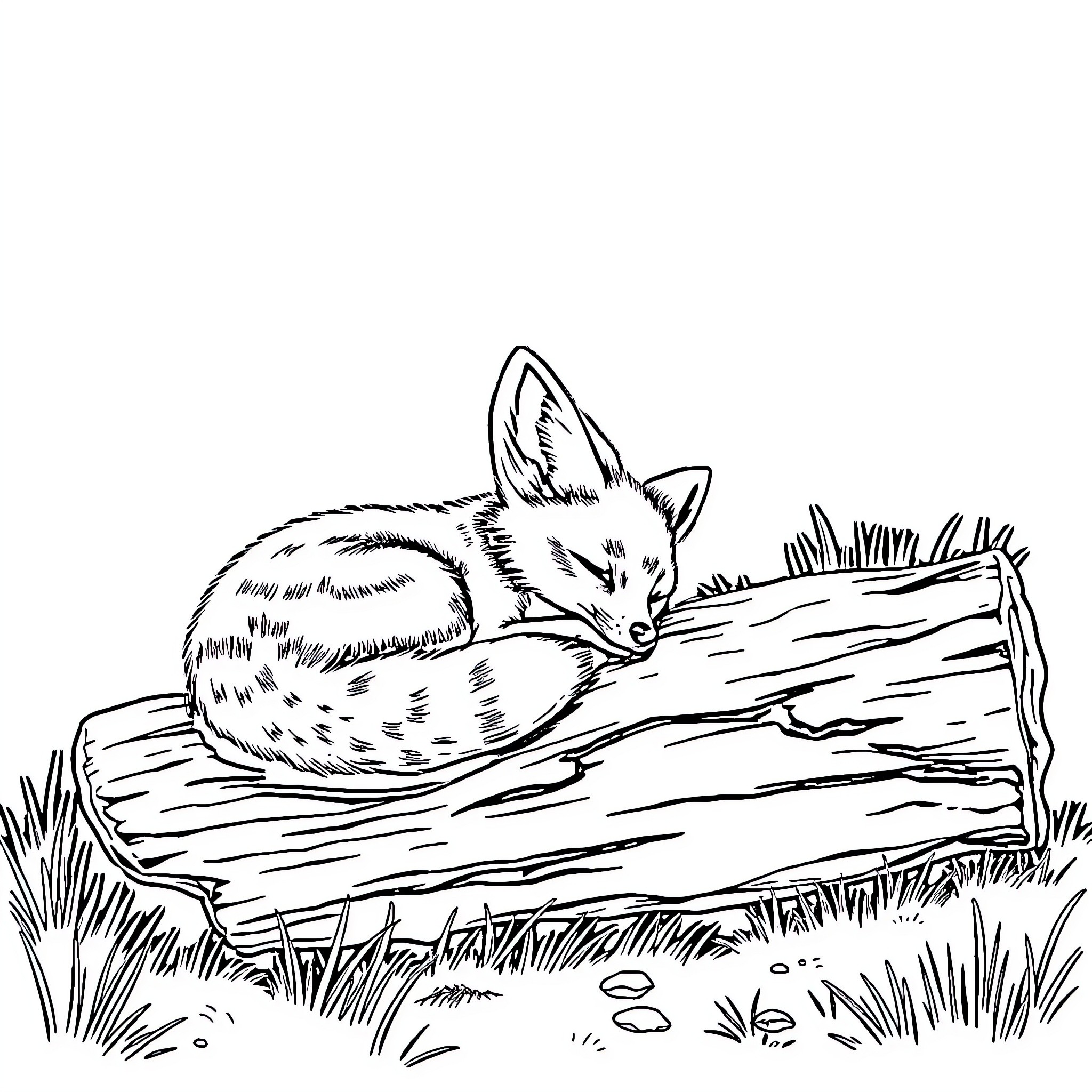 Fennec Fox Napping on a Fallen Log Coloring Page (free black-and-white line drawing printable PDF for all, from beginners to advanced learners, including children, teens, adults, and seniors)