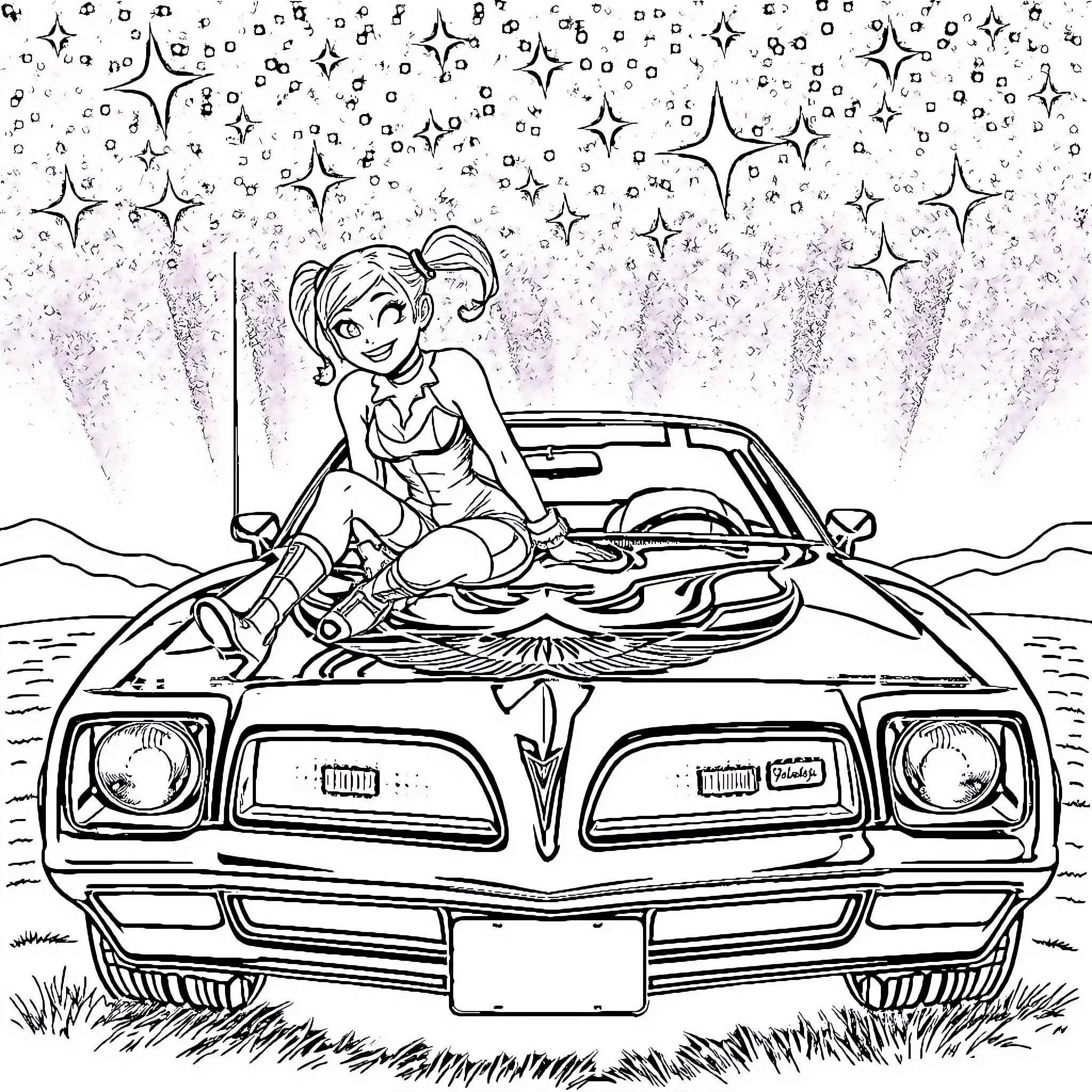 Harley Quinn's Joyride in a Retro Muscle Car Coloring Page (free black-and-white line drawing printable PDF for all, from beginners to advanced learners, including children, teens, adults, and seniors)
