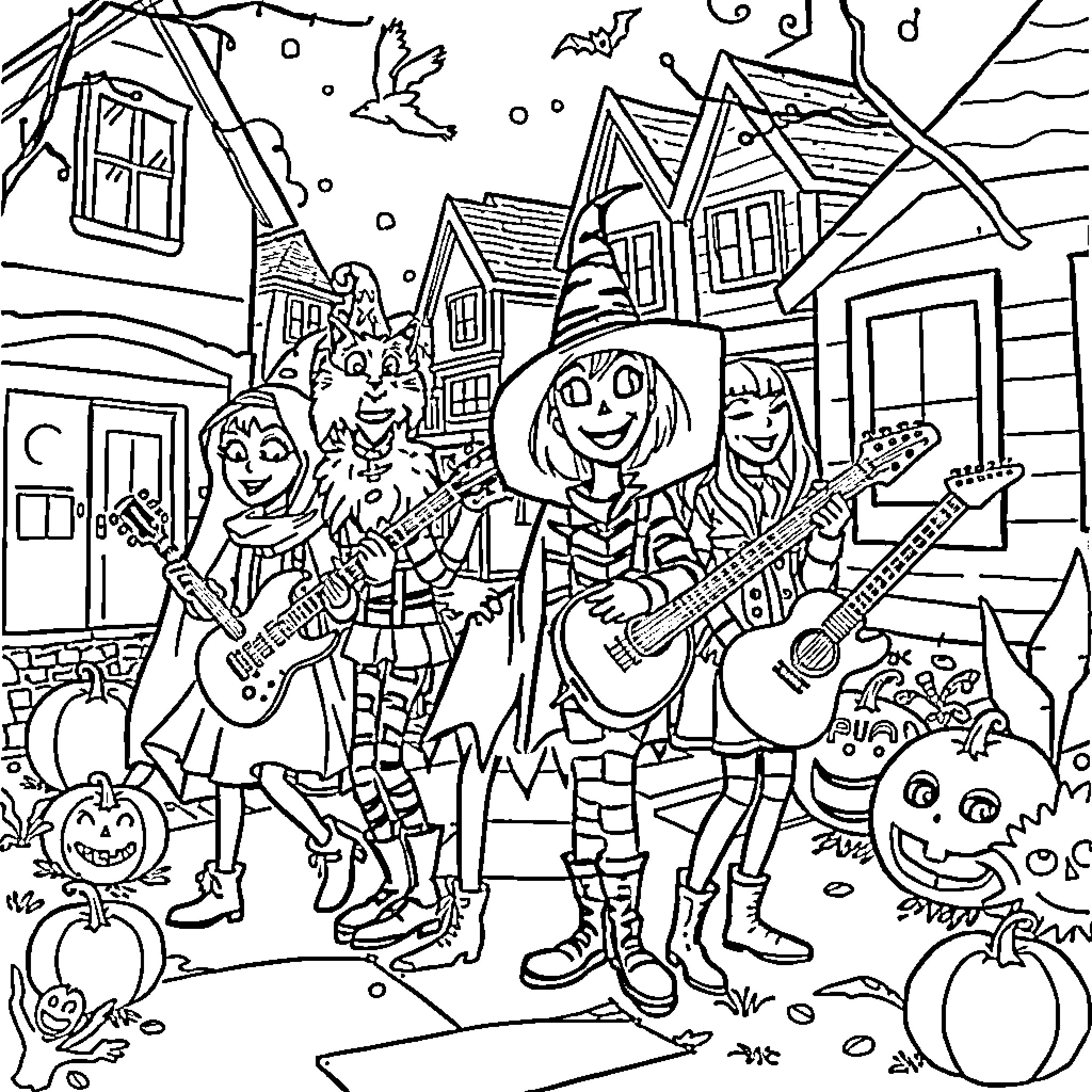 Huntrix Band Performing at Halloween Street Party Coloring Page (free black-and-white line drawing printable PDF for all, from beginners to advanced learners, including children, teens, adults, and seniors)