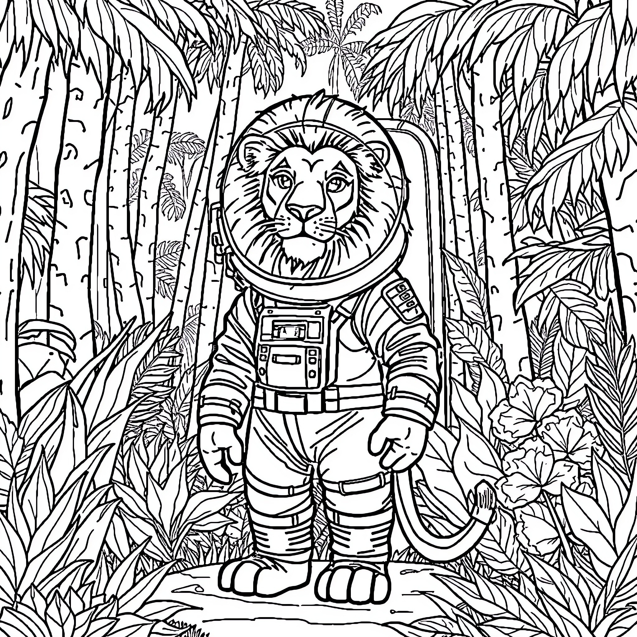 Lion astronaut exploring the jungle Coloring Page (free black-and-white line drawing printable PDF for all, from beginners to advanced learners, including children, teens, adults, and seniors)