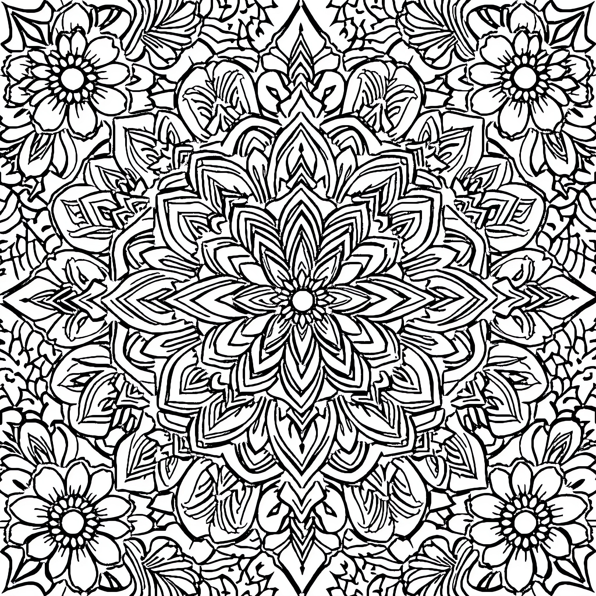 Mandalas of intricate floral patterns Coloring Page (free black-and-white line drawing printable PDF for all, from beginners to advanced learners, including children, teens, adults, and seniors)