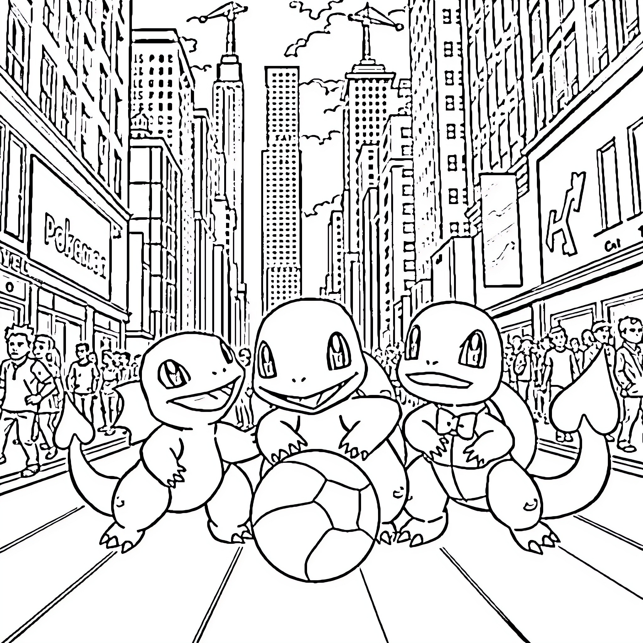 Pokémon Trio in the Bustling City Coloring Page (free black-and-white line drawing printable PDF for all, from beginners to advanced learners, including children, teens, adults, and seniors)