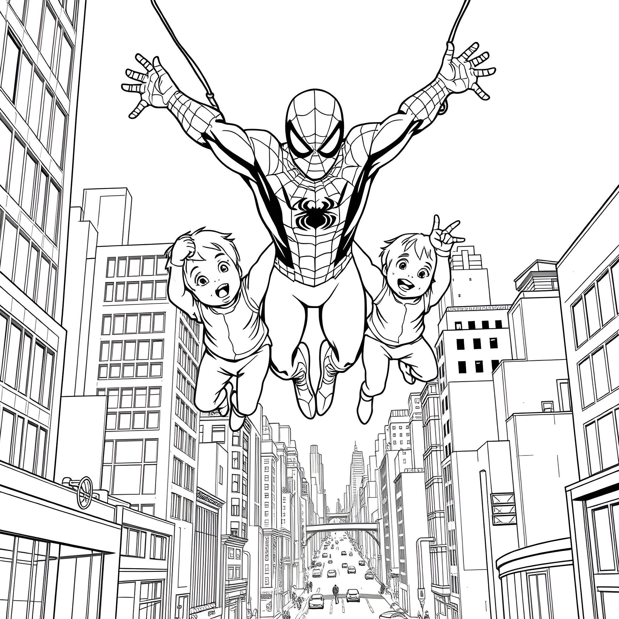Spiderman swinging over the city with children Coloring Page (free black-and-white line drawing printable PDF for all, from beginners to advanced learners, including children, teens, adults, and seniors)