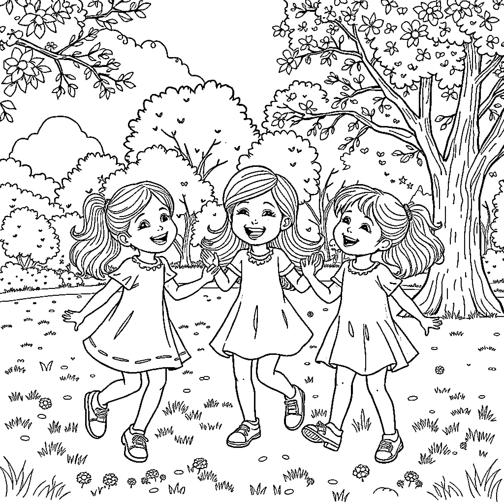 Else Playing Together in the Flowery Meadow Coloring Page (free black-and-white line drawing printable PDF for all, from beginners to advanced learners, including children, teens, adults, and seniors)