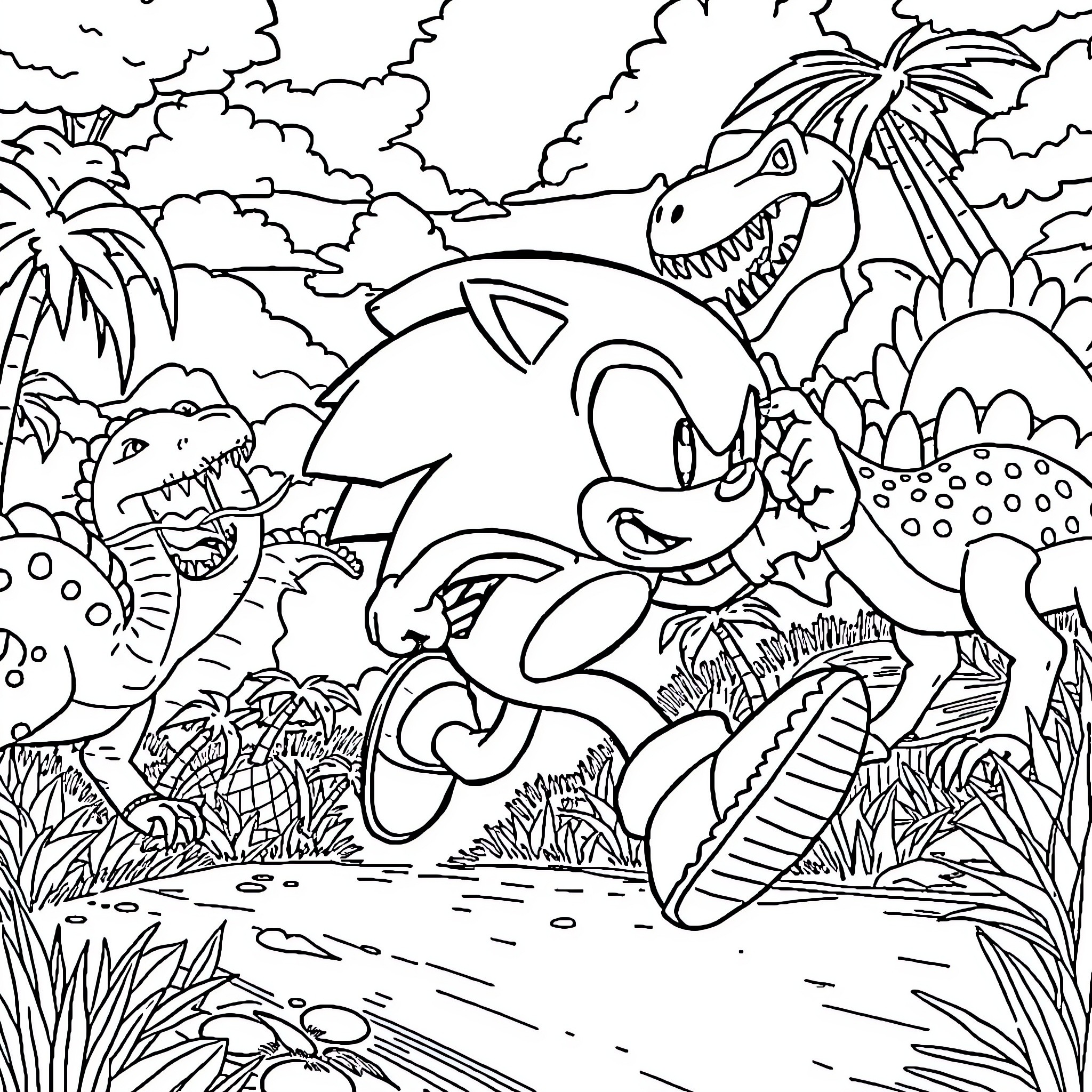 Sonic dashing through the prehistoric wilderness Coloring Page (free black-and-white line drawing printable PDF for all, from beginners to advanced learners, including children, teens, adults, and seniors)