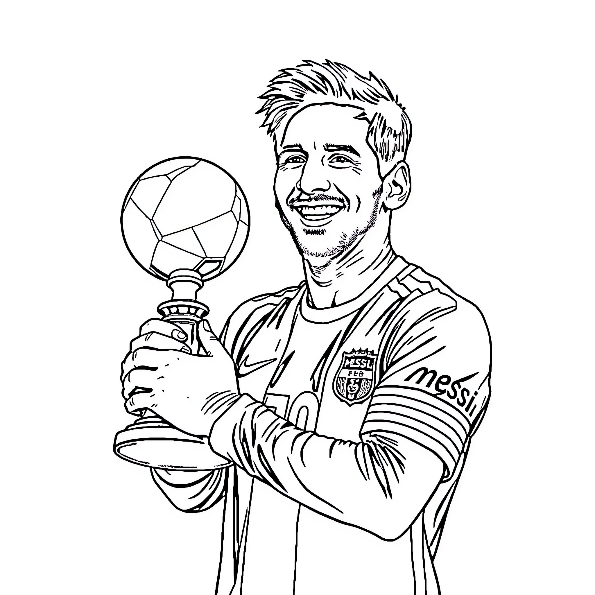 Messi Celebrating Football Victory with Trophy Coloring Page (free black-and-white line drawing printable PDF for all, from beginners to advanced learners, including children, teens, adults, and seniors)
