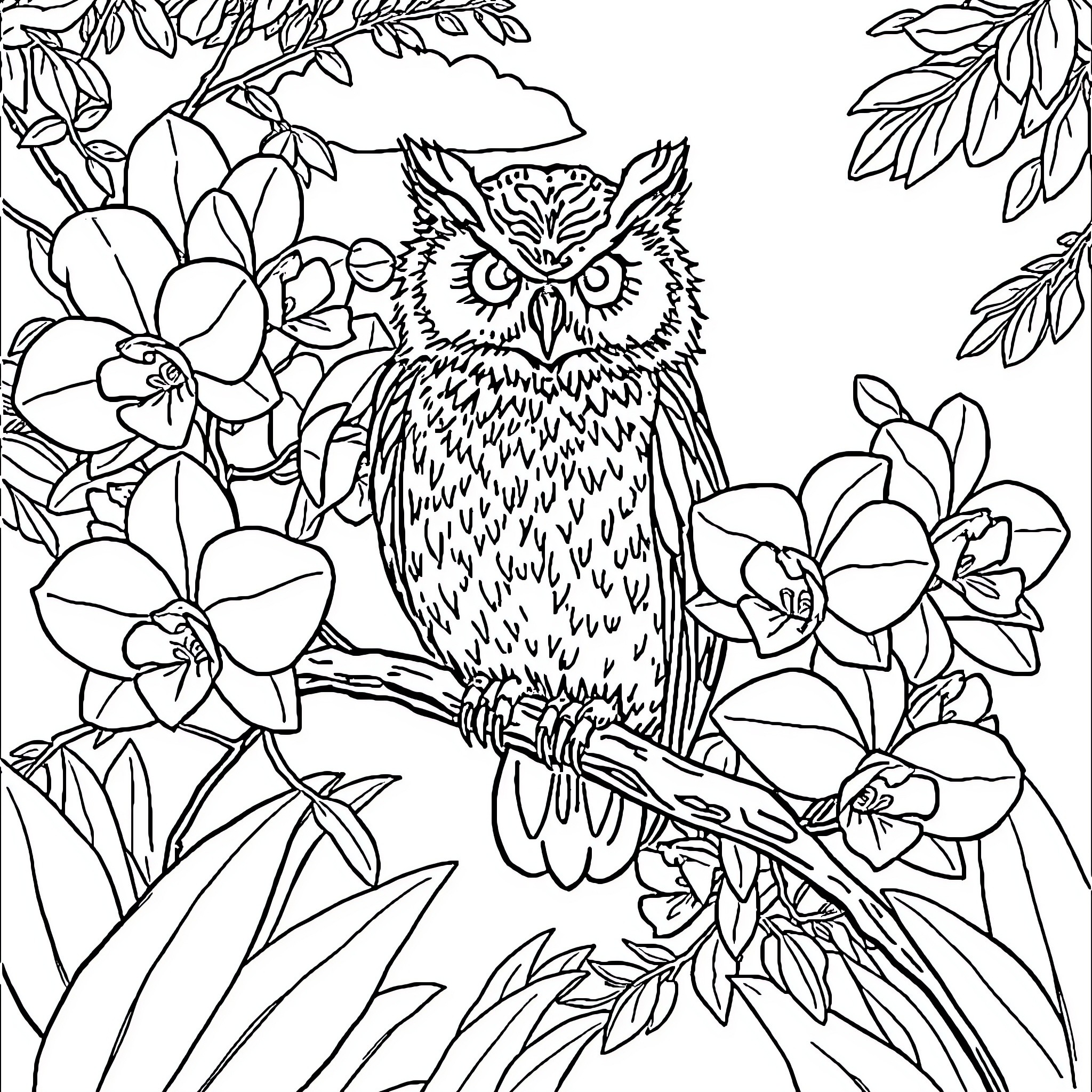Owl in a Whimsical Floral Landscape Coloring Page (free black-and-white line drawing printable PDF for all, from beginners to advanced learners, including children, teens, adults, and seniors)